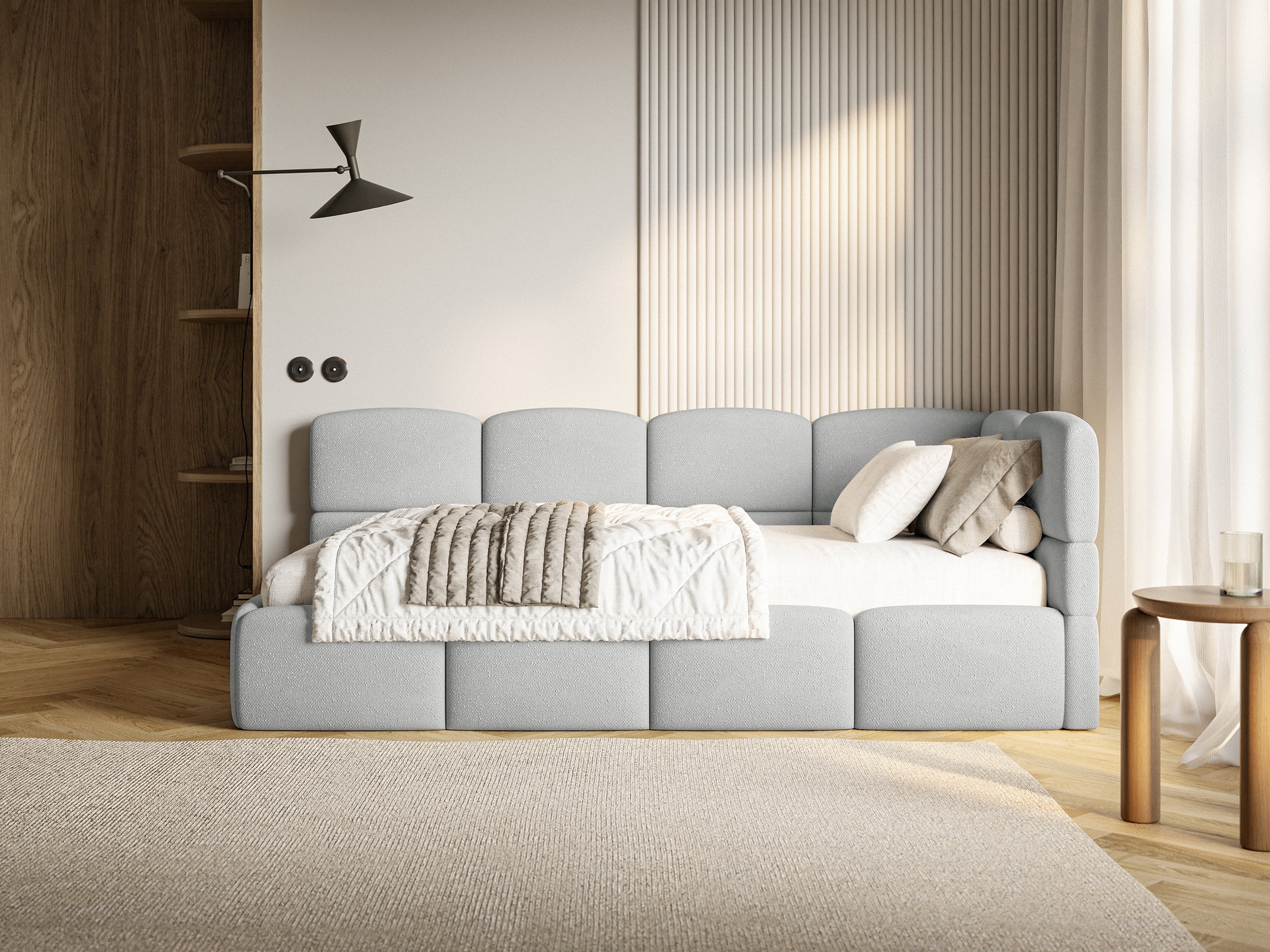 Łóżko młodzieżowe 90x200 cm Cloudy prawostronne z pojemnikiem jasnoszare szenil