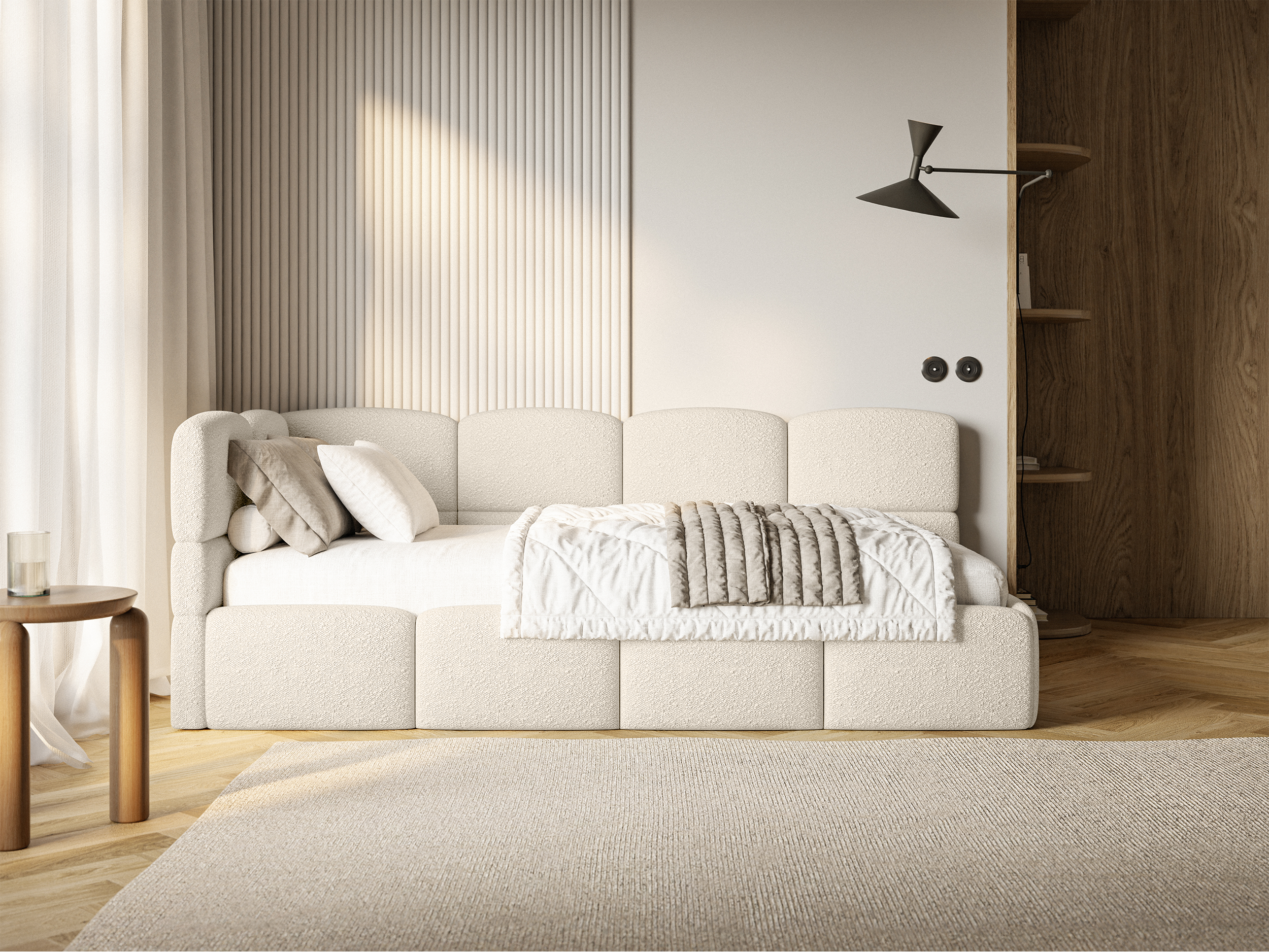 Łóżko młodzieżowe 120x200 cm Cloudy lewostronne z pojemnikiem i barierkami jasnobeżowe boucle