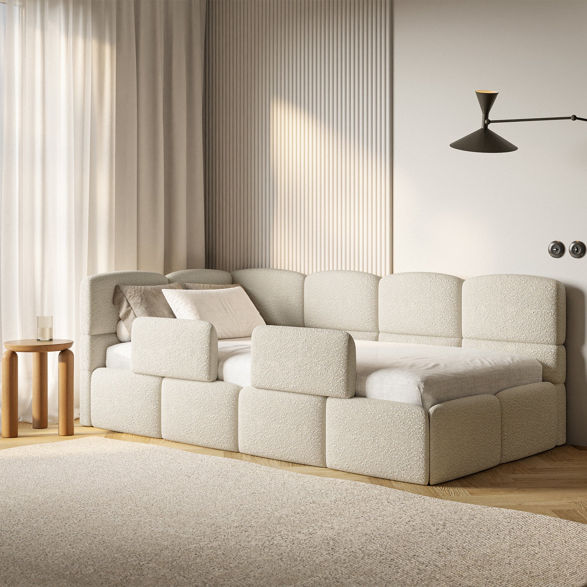 Łóżko młodzieżowe 120x200 cm Cloudy lewostronne z pojemnikiem i barierkami jasnobeżowe boucle