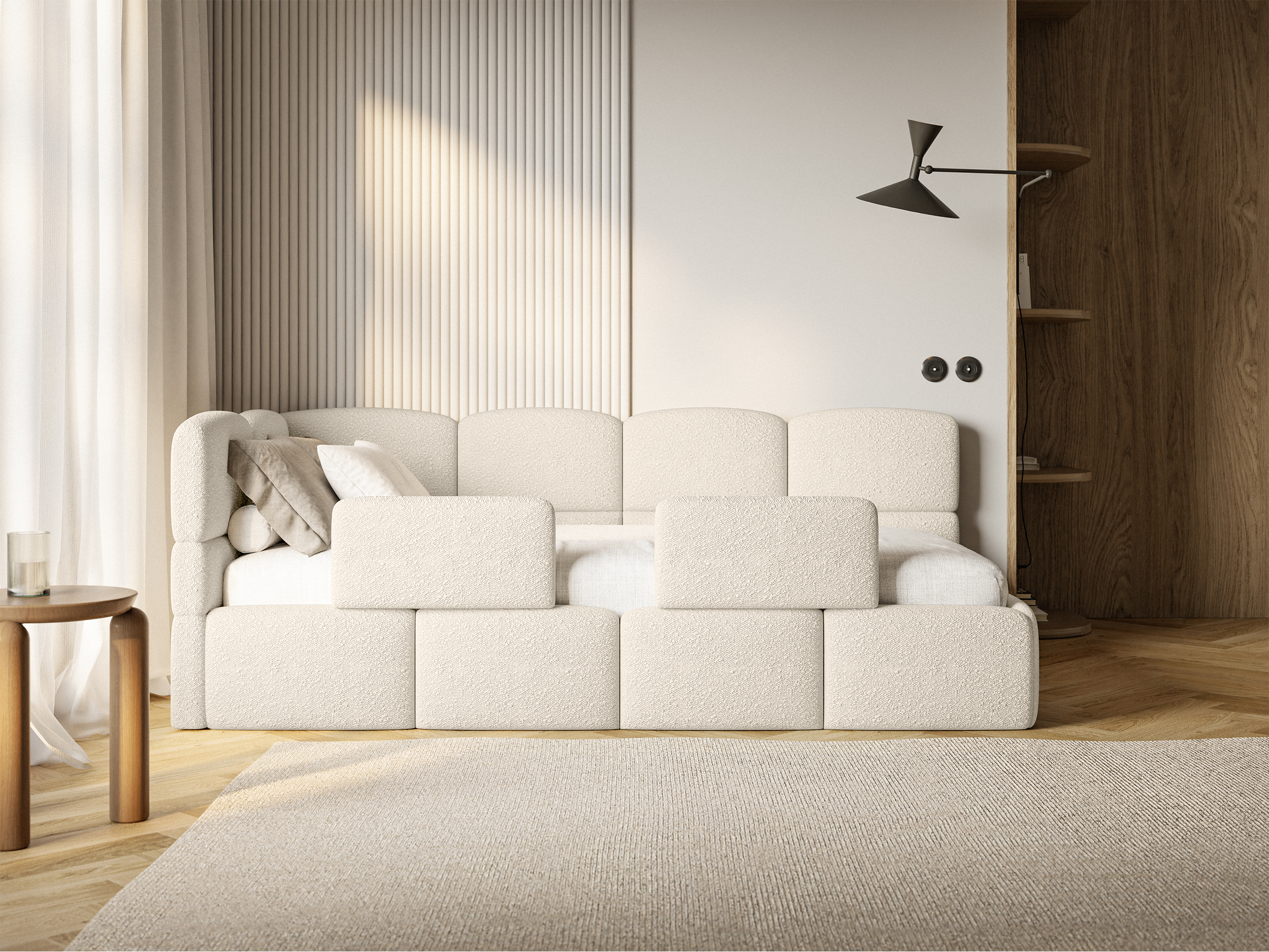 Łóżko młodzieżowe 120x200 cm Cloudy lewostronne z materacem pojemnikiem i barierkami jasnobeżowe boucle