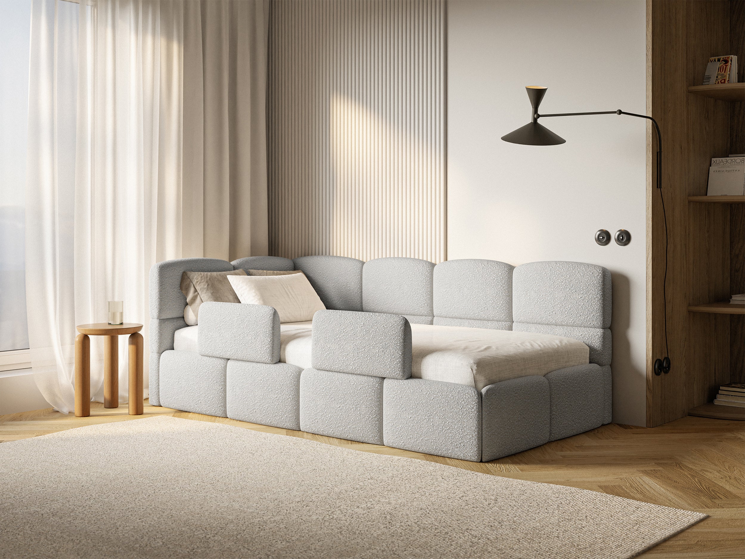 Łóżko młodzieżowe 90x200 cm Cloudy lewostronne z pojemnikiem i barierkami szarobeżowe boucle