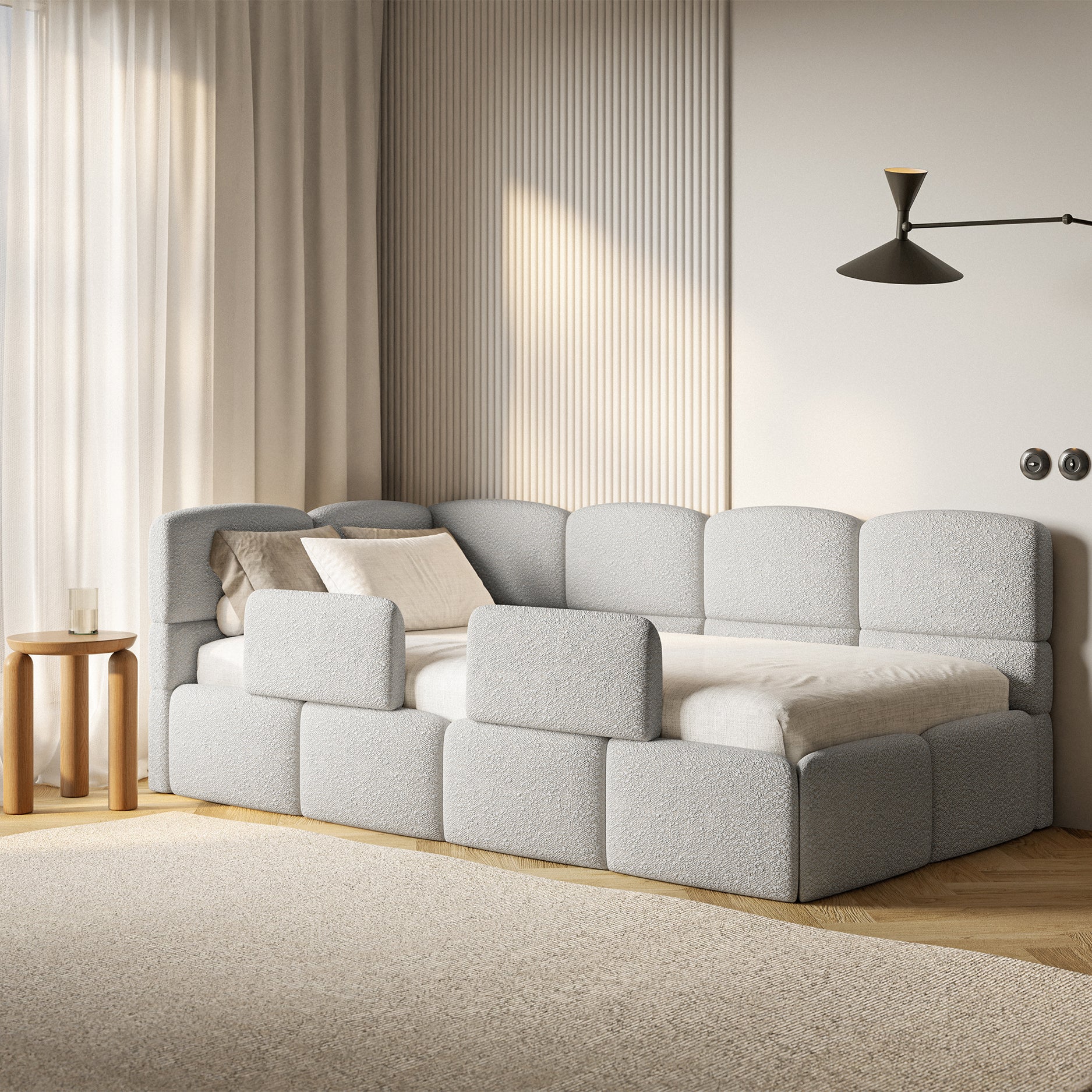 Łóżko młodzieżowe 120x200 cm Cloudy lewostronne z materacem pojemnikiem i barierkami jasnoszare boucle