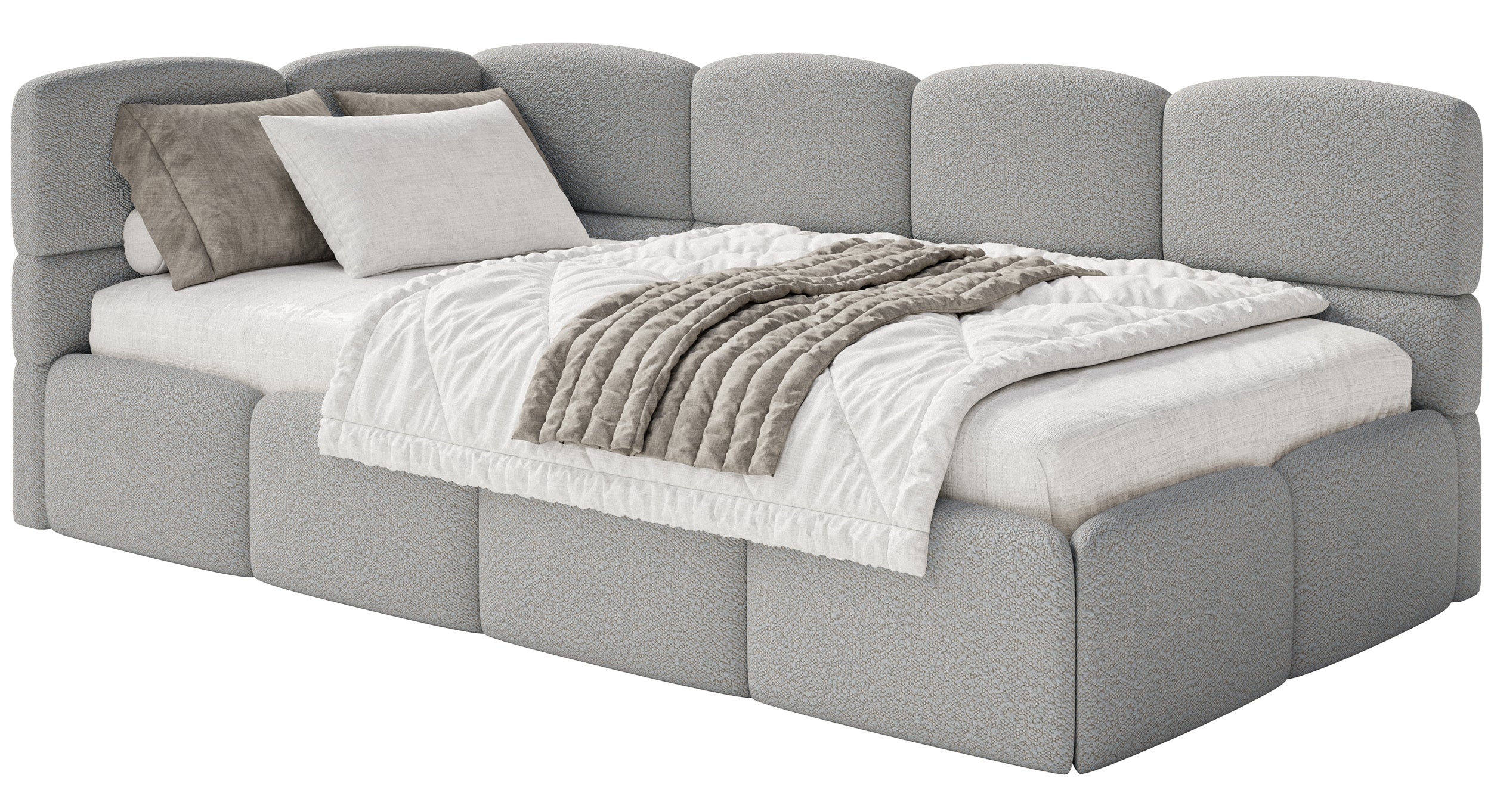 Łóżko młodzieżowe 90x200 cm Cloudy lewostronne z materacem pojemnikiem i barierkami szare boucle