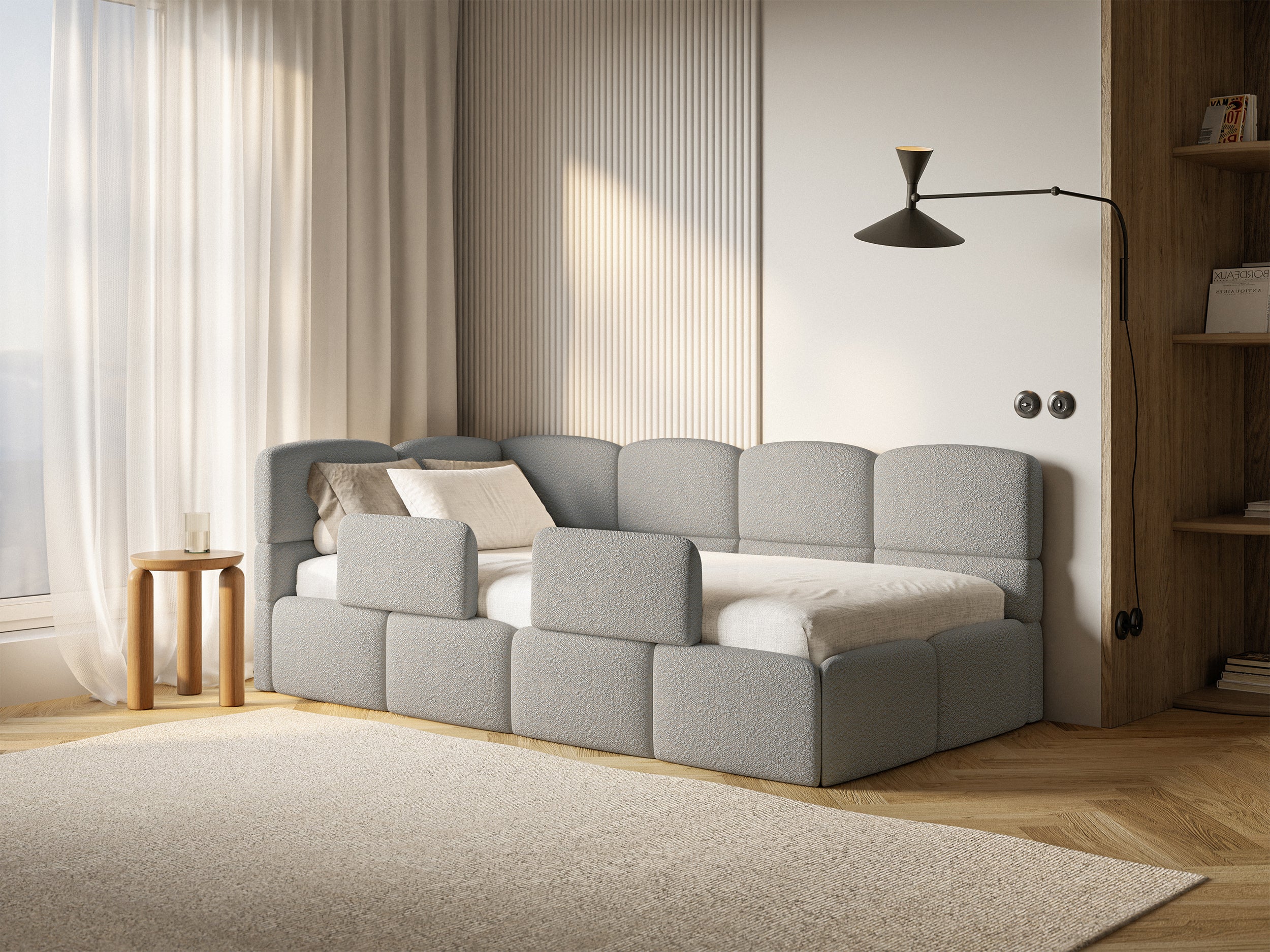 Łóżko młodzieżowe 90x200 cm Cloudy lewostronne z pojemnikiem i barierkami szare boucle