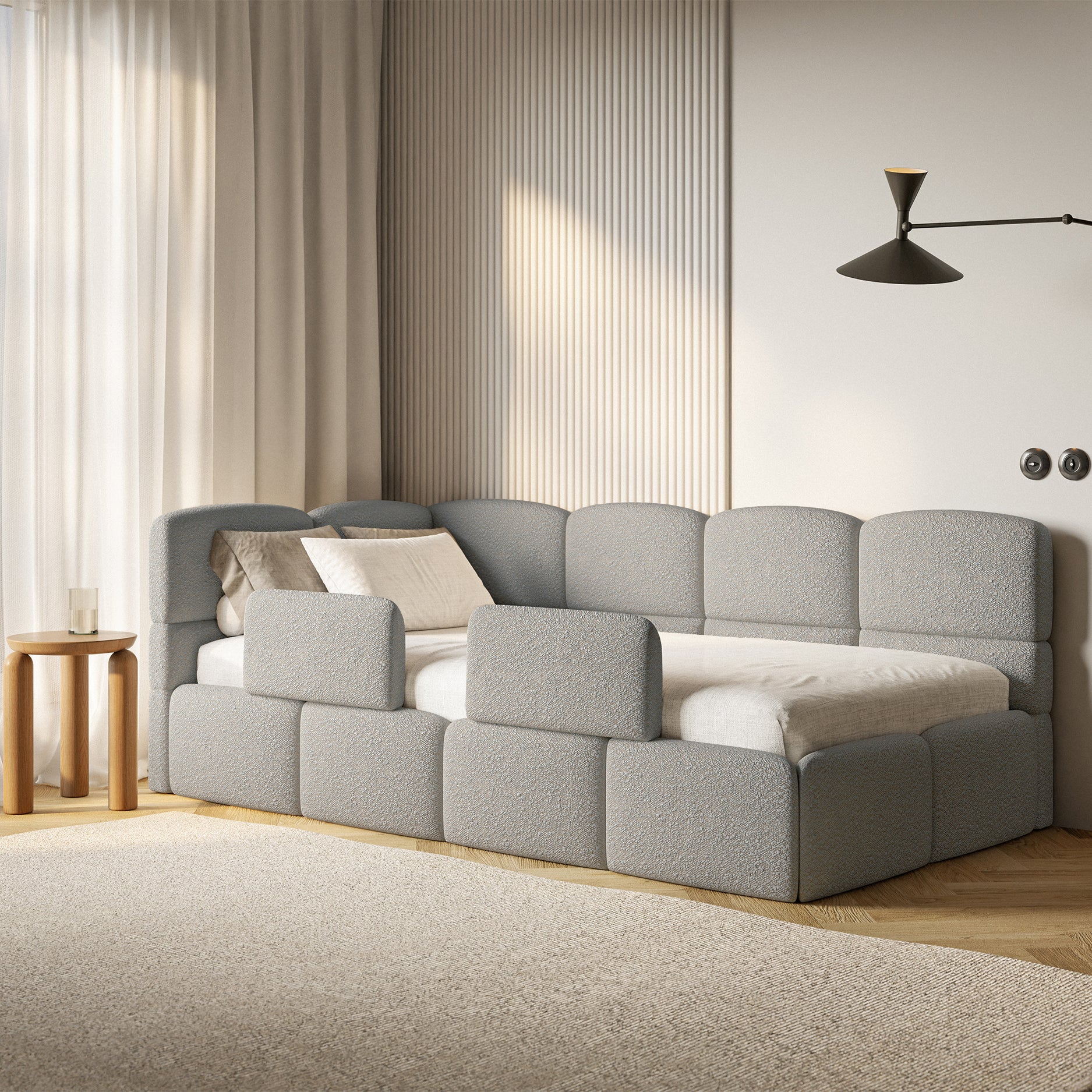 Łóżko młodzieżowe 120x200 cm Cloudy lewostronne z pojemnikiem i barierkami szare boucle