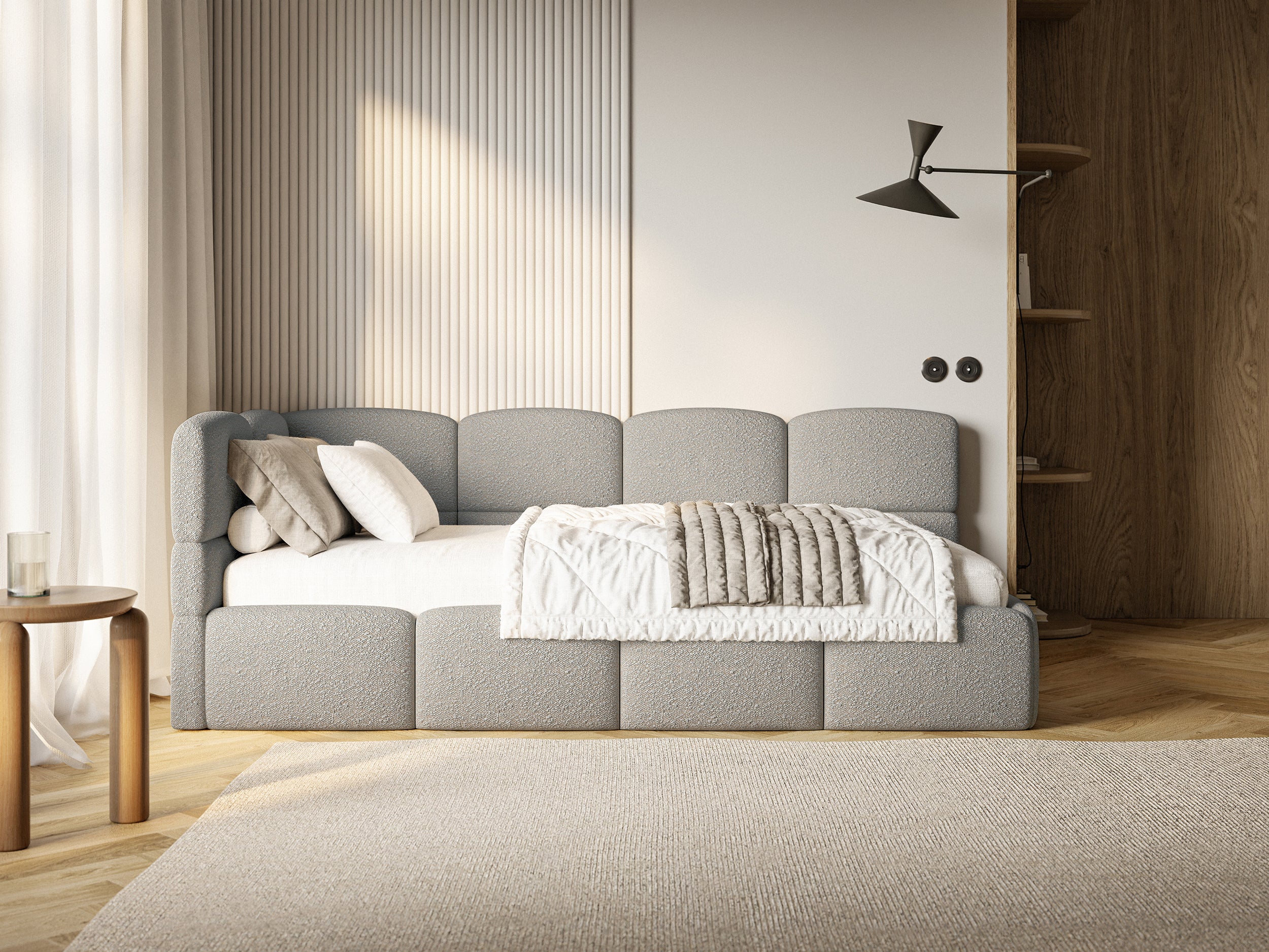 Łóżko młodzieżowe 120x200 cm Cloudy lewostronne z materacem i pojemnikiem szare boucle