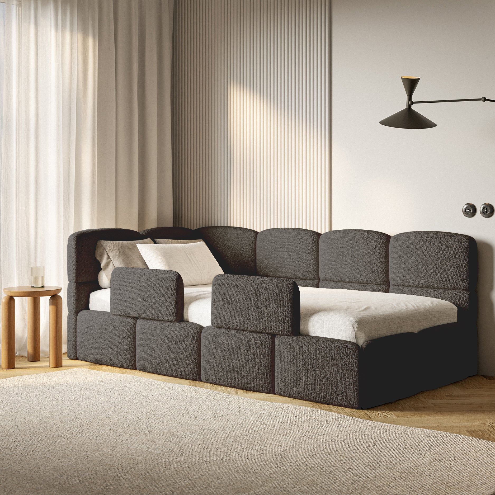 Łóżko młodzieżowe 120x200 cm Cloudy lewostronne z materacem pojemnikiem i barierkami brązowe boucle
