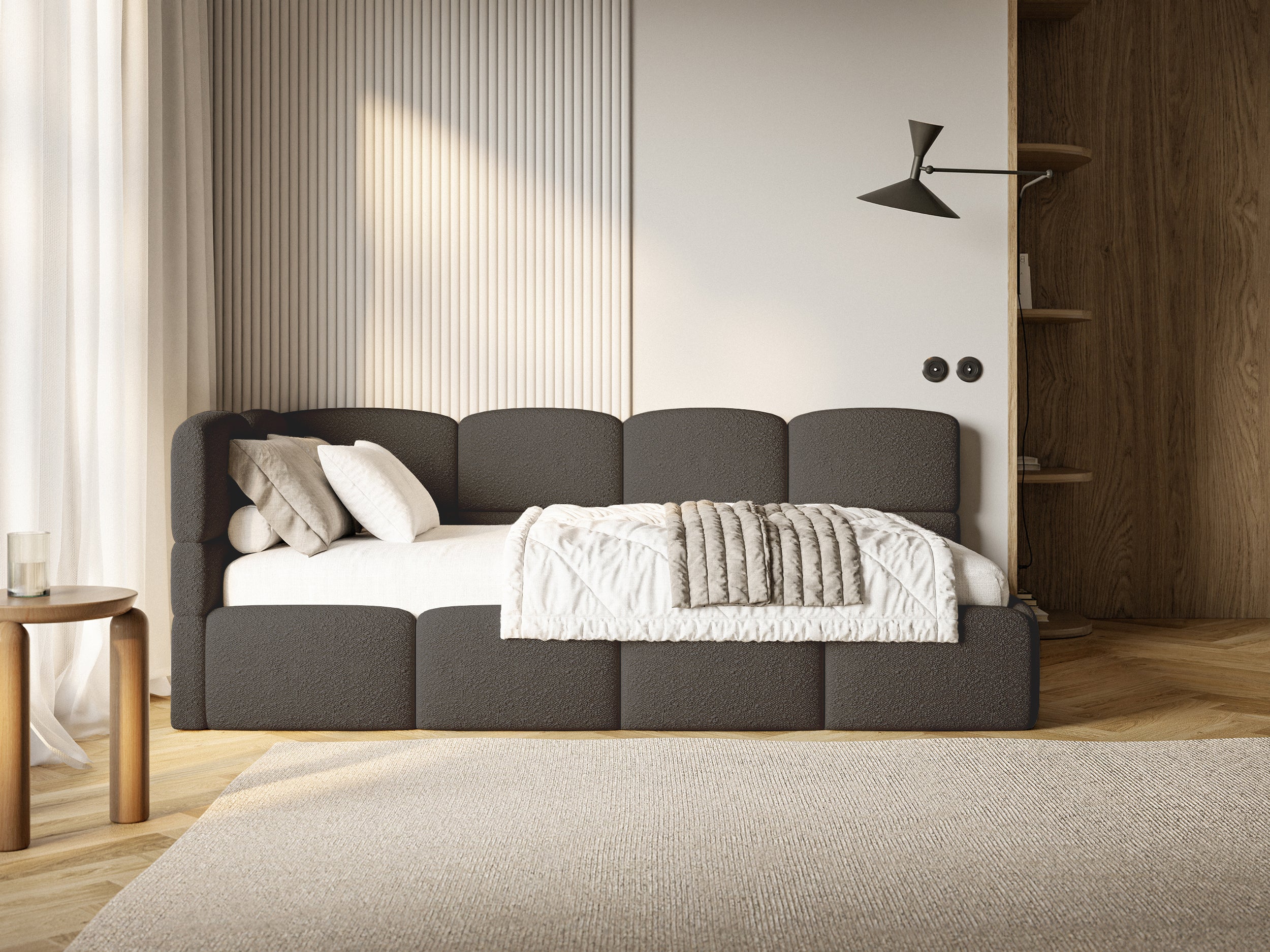 Łóżko młodzieżowe 120x200 cm Cloudy lewostronne z pojemnikiem i barierkami brązowe boucle