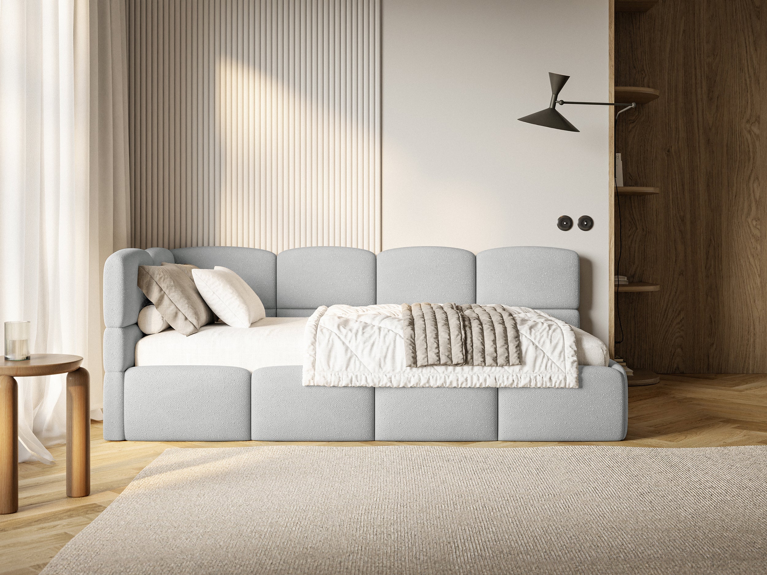 Łóżko młodzieżowe 120x200 cm Cloudy lewostronne z pojemnikiem i barierkami jasnoszare szenil