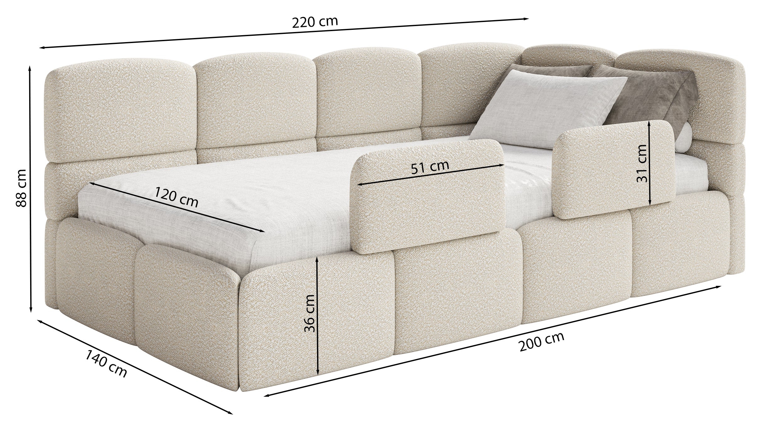 Łóżko młodzieżowe 120x200 cm Cloudy prawostronne z pojemnikiem i barierkami błękitne welur hydrofobowy łatwoczyszczący