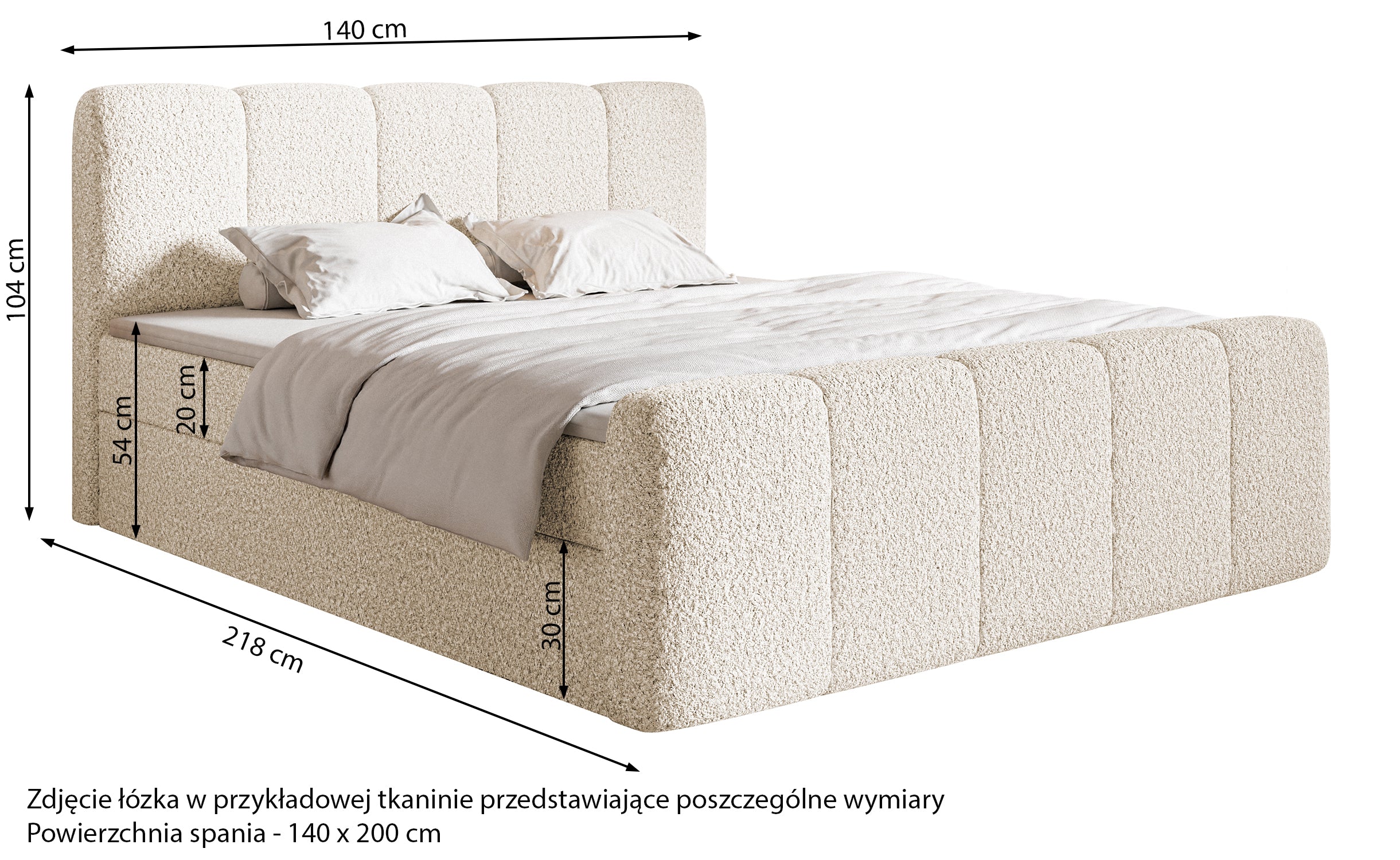 Łóżko kontynentalne 140x200 cm Cloudy II z pojemnikami i topperem kremowe boucle
