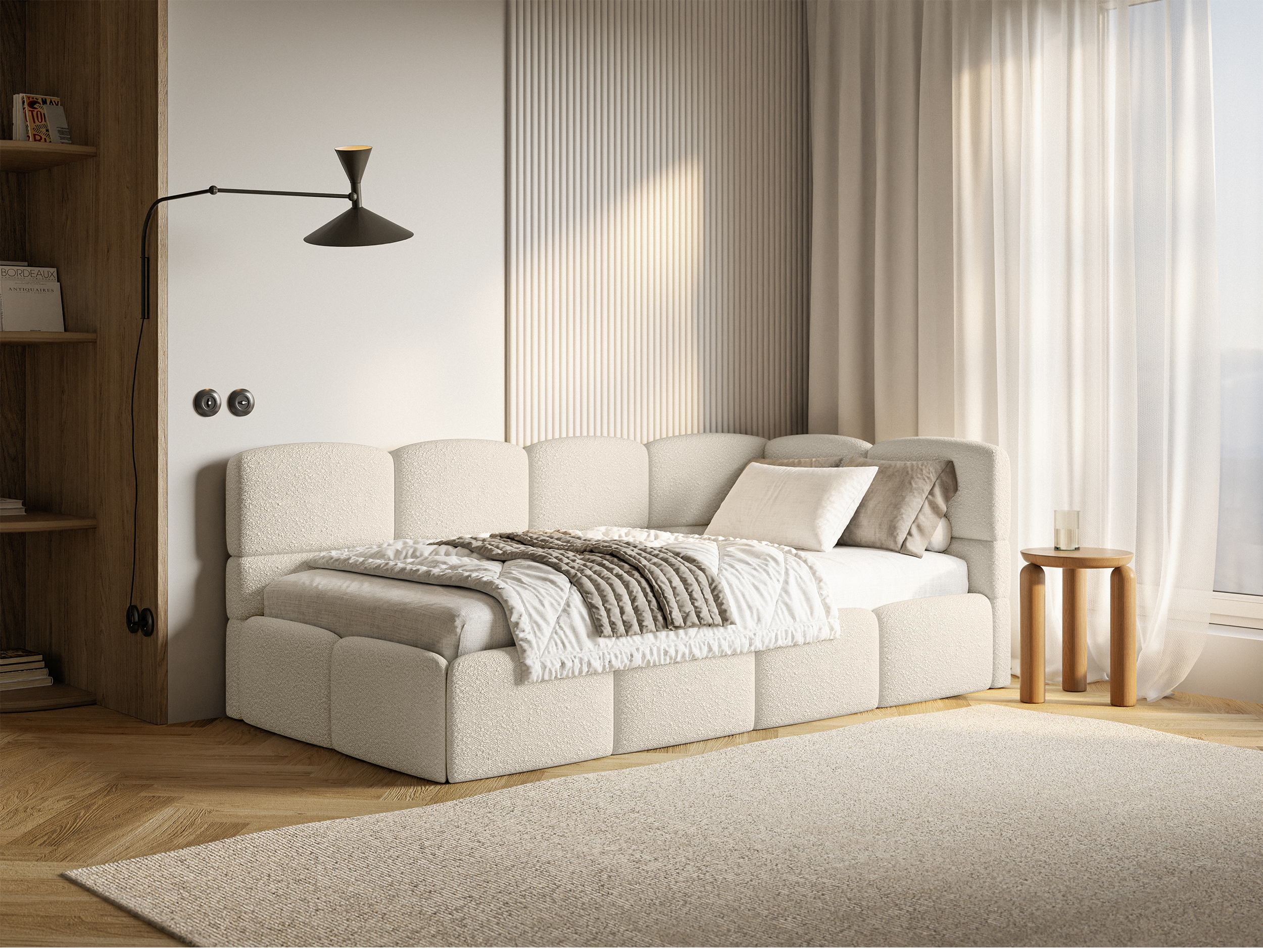 Łóżko młodzieżowe 90x200 cm Cloudy prawostronne z pojemnikiem jasnobeżowe boucle