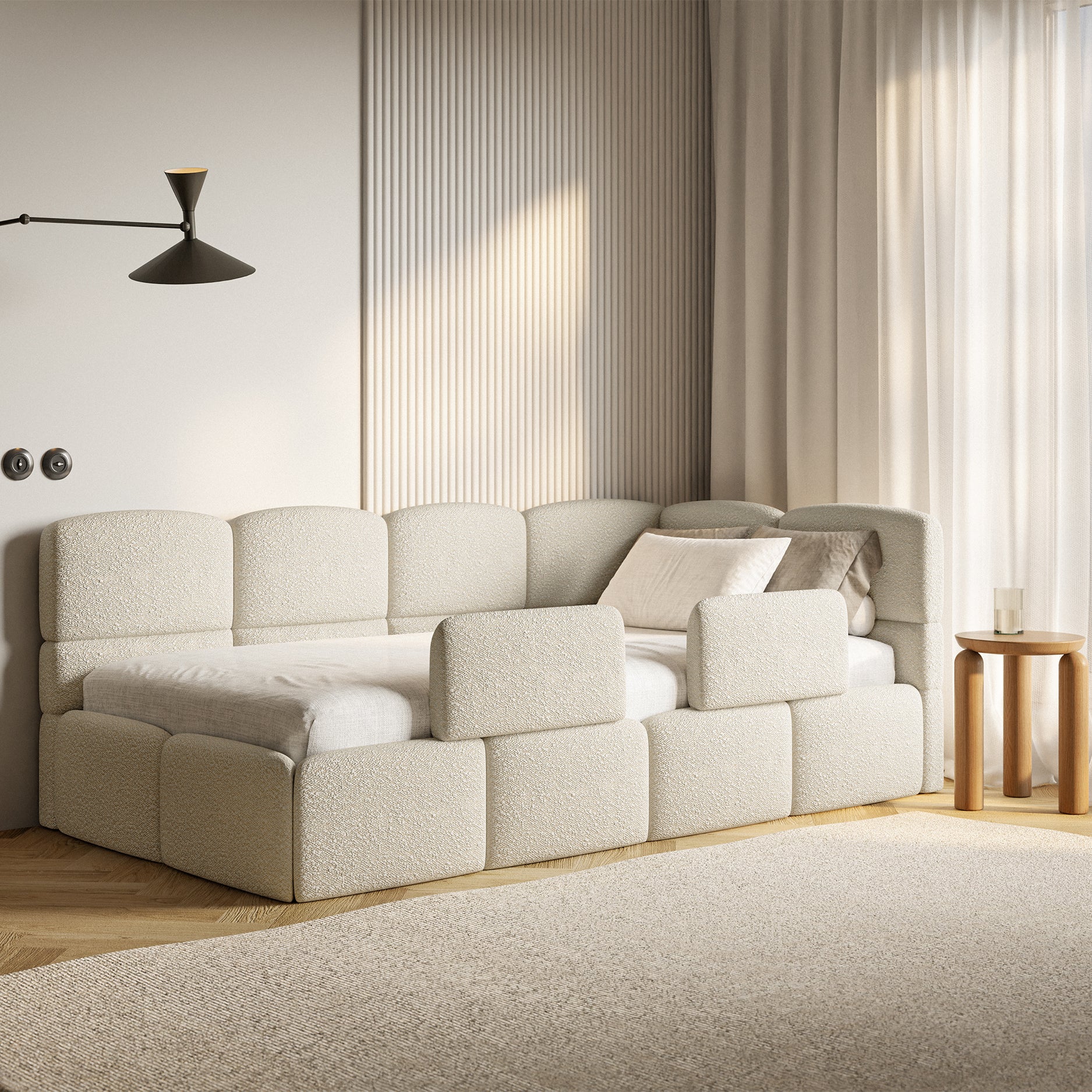 Łóżko młodzieżowe 120x200 cm Cloudy prawostronne z materacem pojemnikiem i barierkami jasnobeżowe boucle
