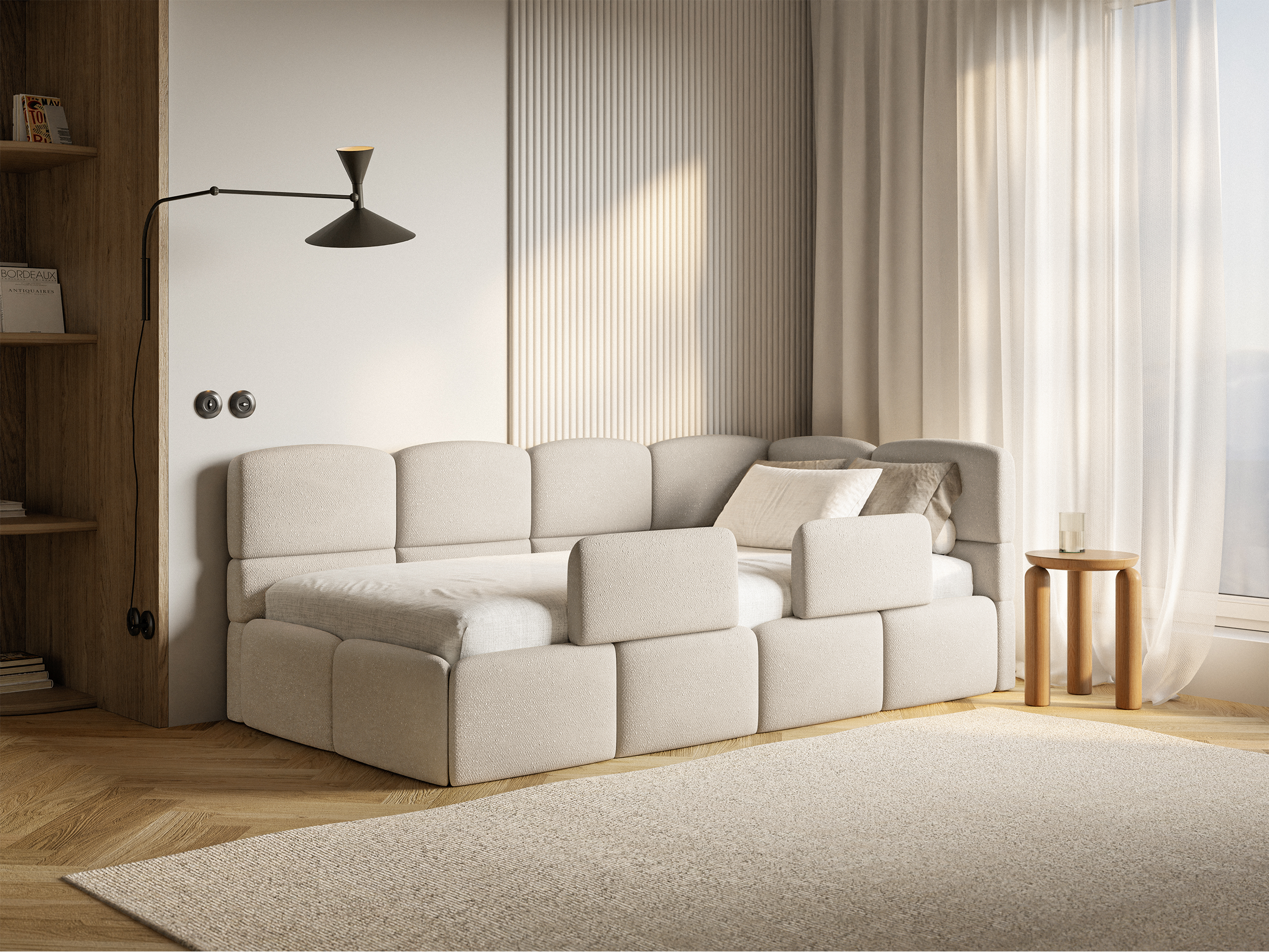 Łóżko młodzieżowe 120x200 cm Cloudy prawostronne z pojemnikiem i barierkami kremowe szenil