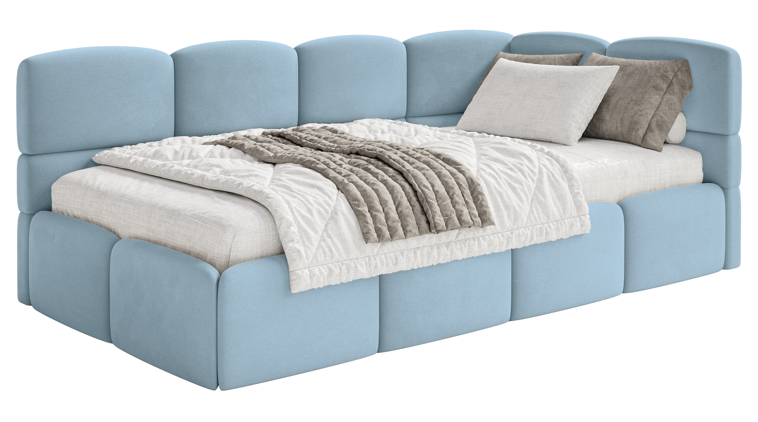 Łóżko młodzieżowe 90x200 cm Cloudy prawostronne z pojemnikiem błękitne welur hydrofobowy łatwoczyszczący