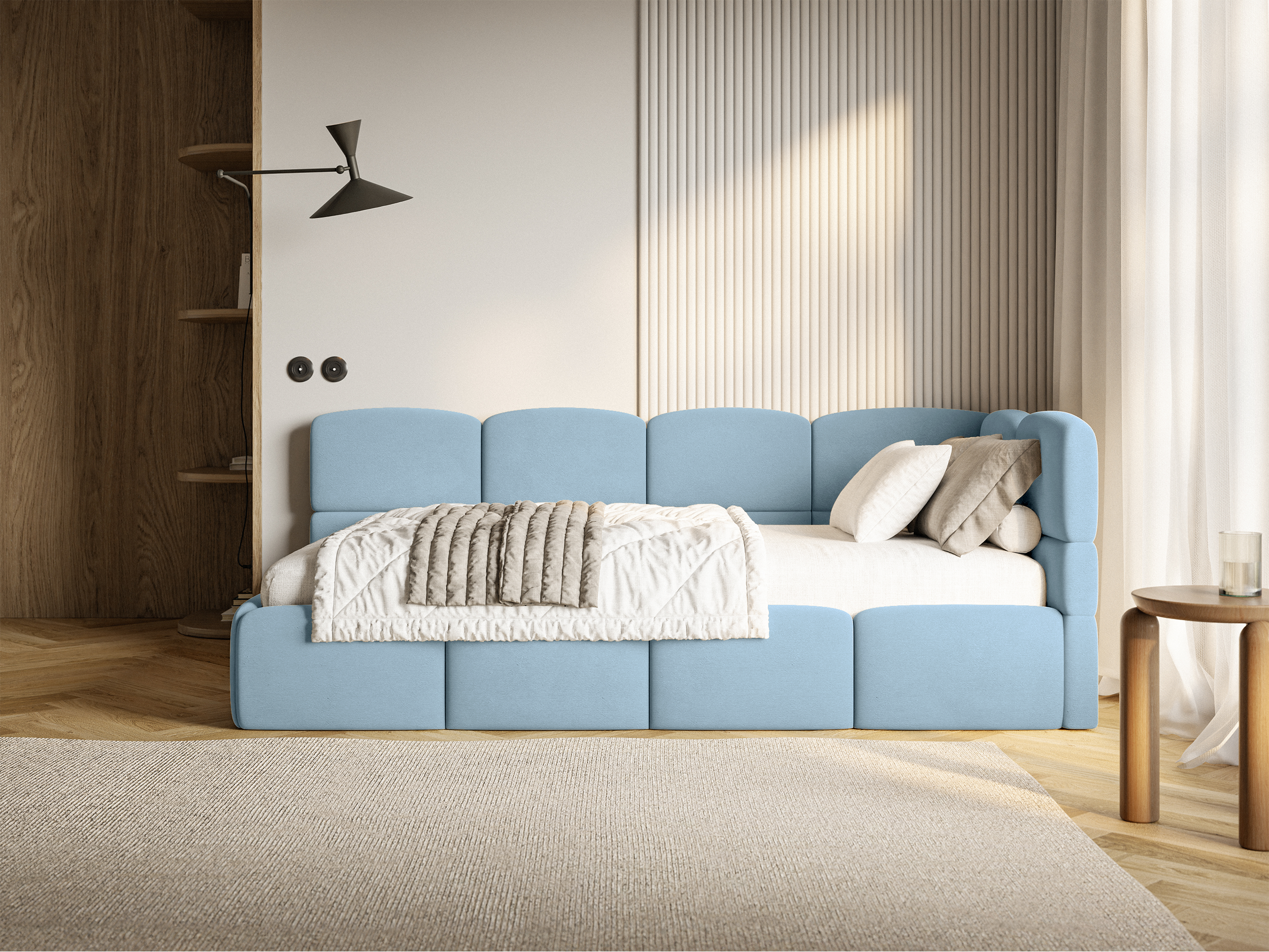 Łóżko młodzieżowe 90x200 cm Cloudy prawostronne z pojemnikiem błękitne welur hydrofobowy łatwoczyszczący