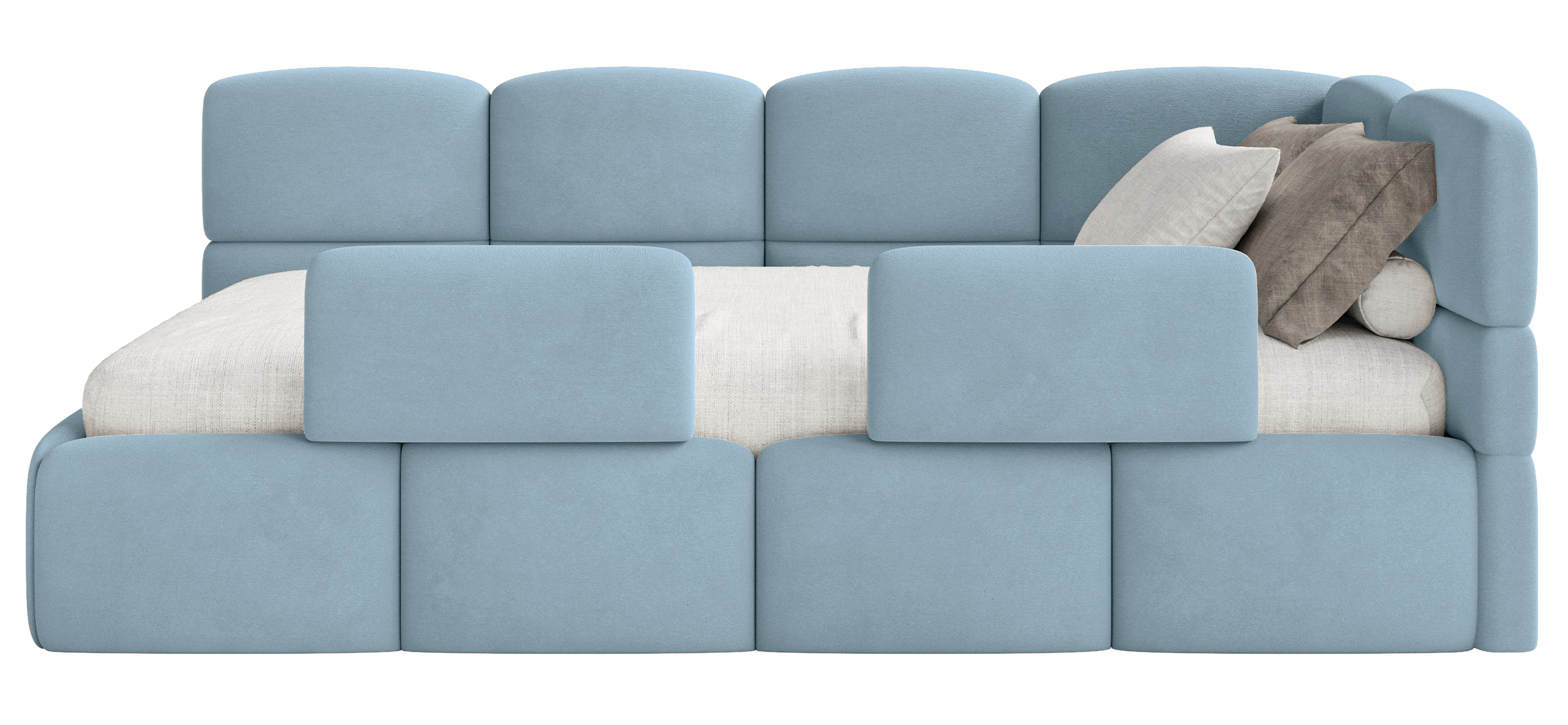 Łóżko młodzieżowe 90x200 cm Cloudy prawostronne z pojemnikiem i barierkami błękitne welur hydrofobowy łatwoczyszczący