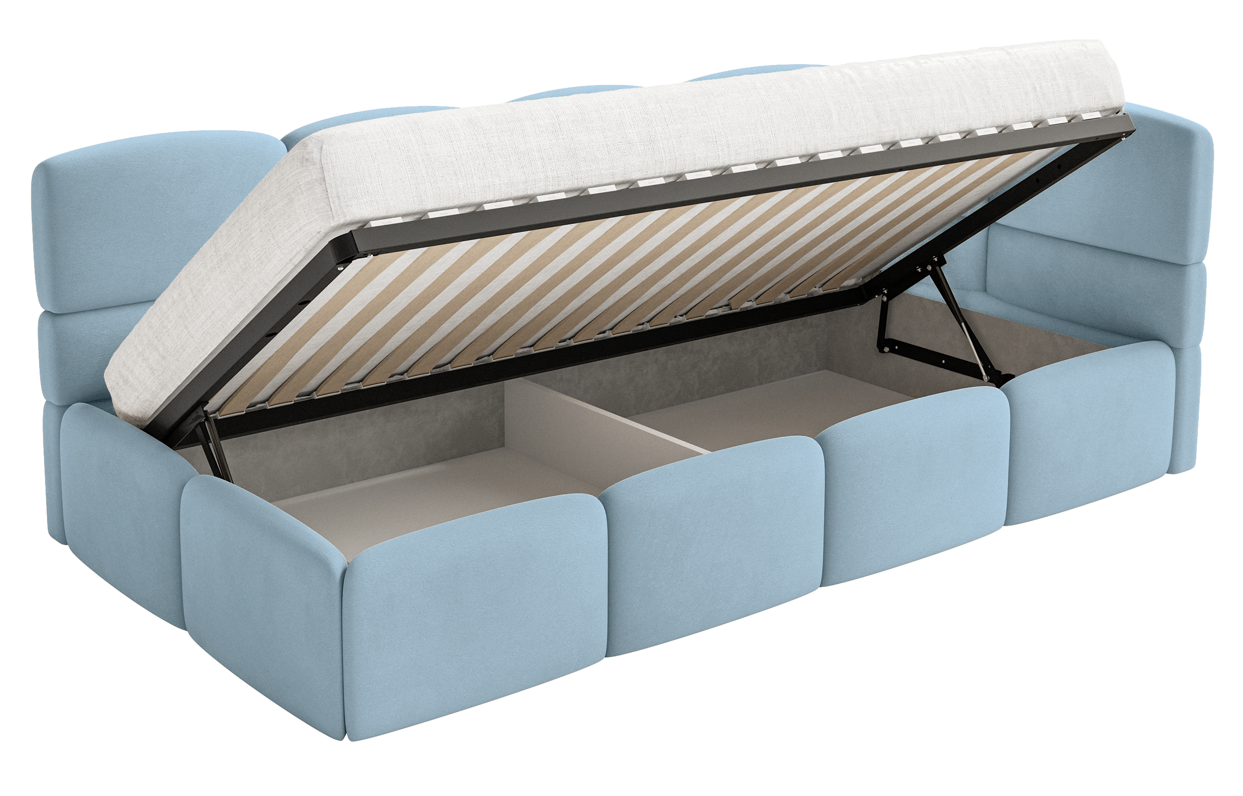Łóżko młodzieżowe 90x200 cm Cloudy prawostronne z pojemnikiem i barierkami błękitne welur hydrofobowy łatwoczyszczący