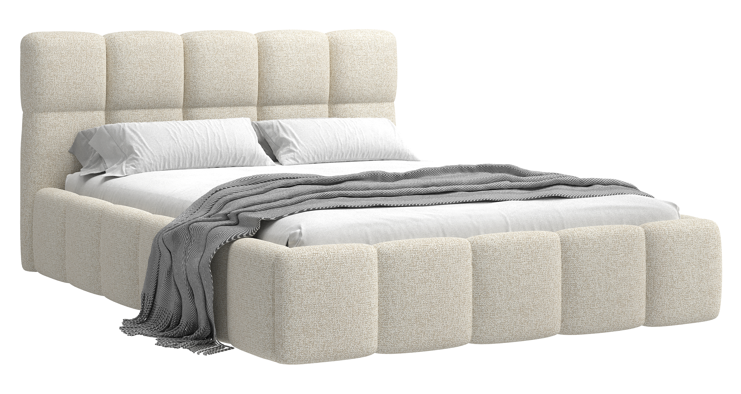 Łóżko tapicerowane 160x200 cm Cloudy z pojemnikiem jasnobeżowe plecionka stelaż metalowy