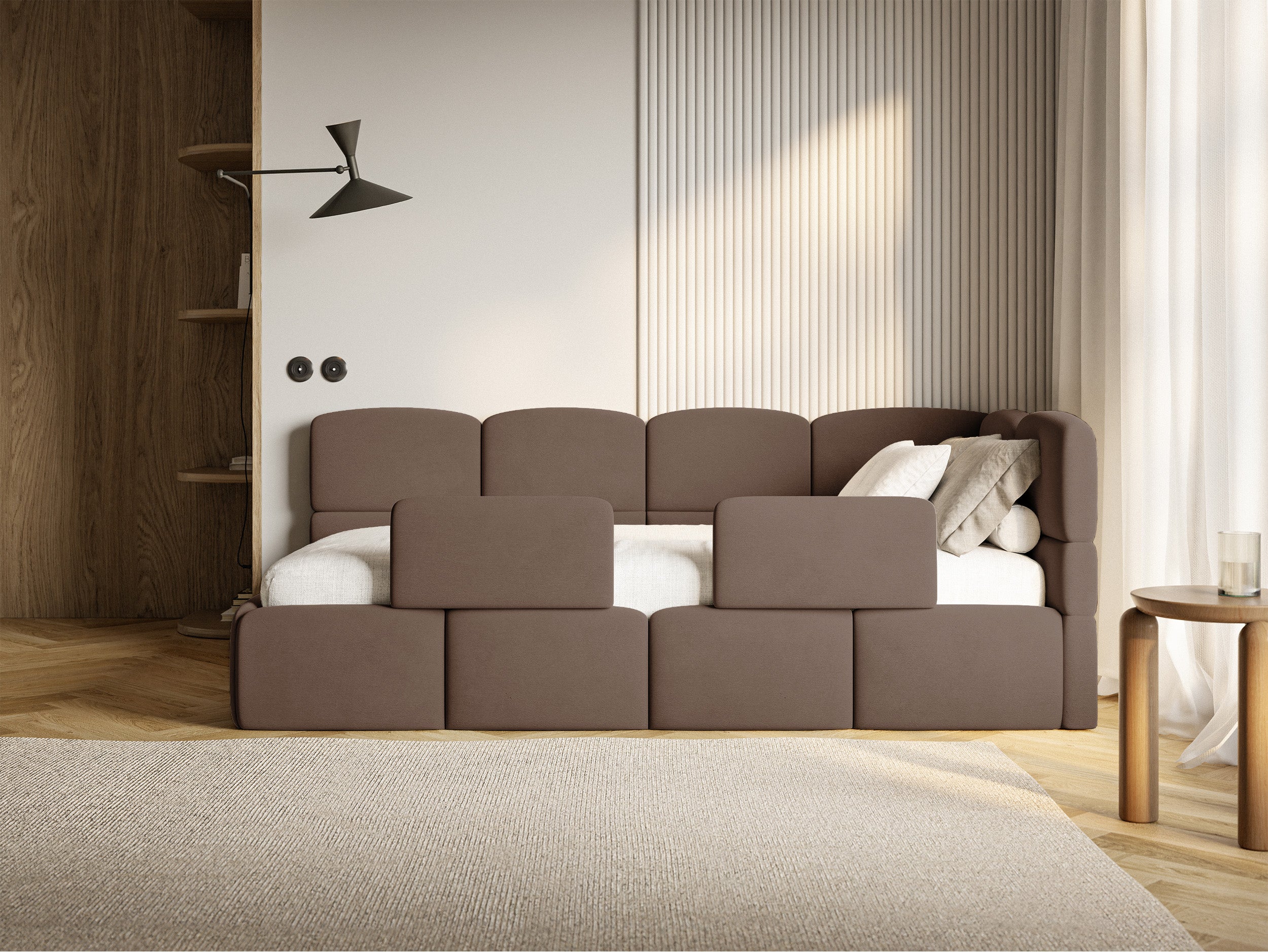 Łóżko młodzieżowe 90x200 cm Cloudy prawostronne z materacem pojemnikiem i barierkami brązowe welur hydrofobowy łatwoczyszczący