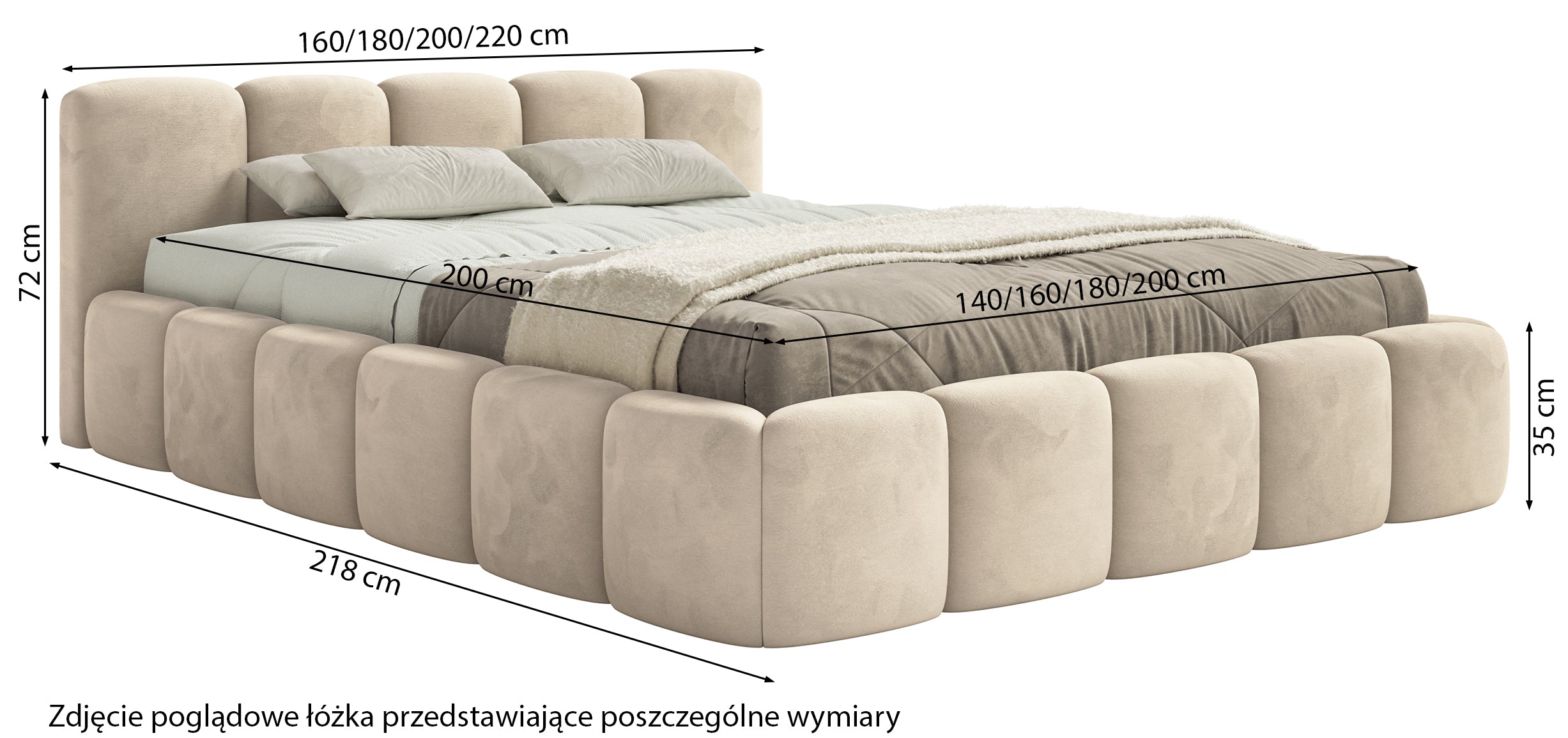 Łóżko tapicerowane 200x200 cm Cloudy Low z pojemnikiem szarobeżowe welur hydrofobowy łatwoczyszczący stelaż metalowy