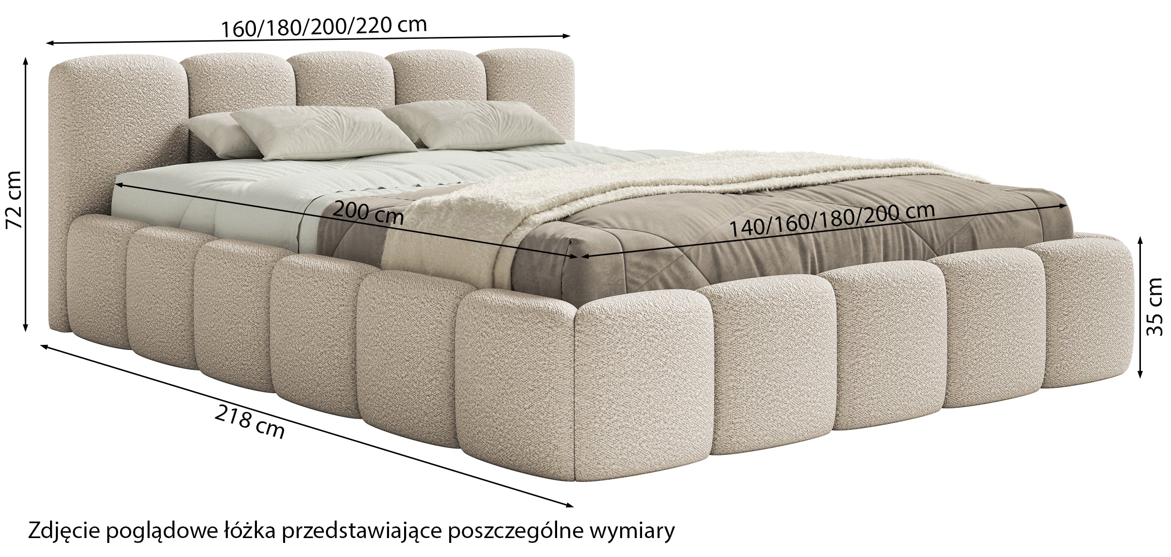 Łóżko tapicerowane 180x200 cm Cloudy Low z pojemnikiem jasnobeżowe boucle stelaż metalowy