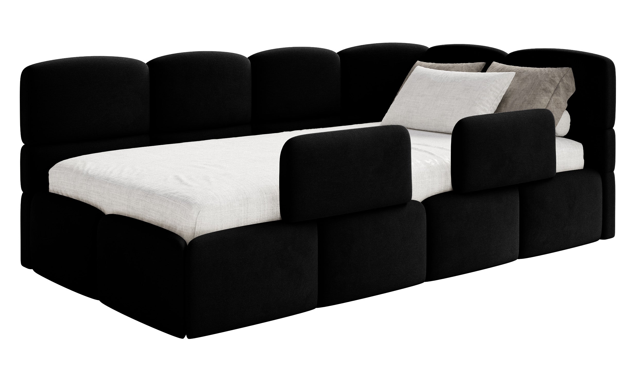 Łóżko młodzieżowe 120x200 cm Cloudy prawostronne z materacem pojemnikiem i barierkami czarne welur hydrofobowy łatwoczyszczący