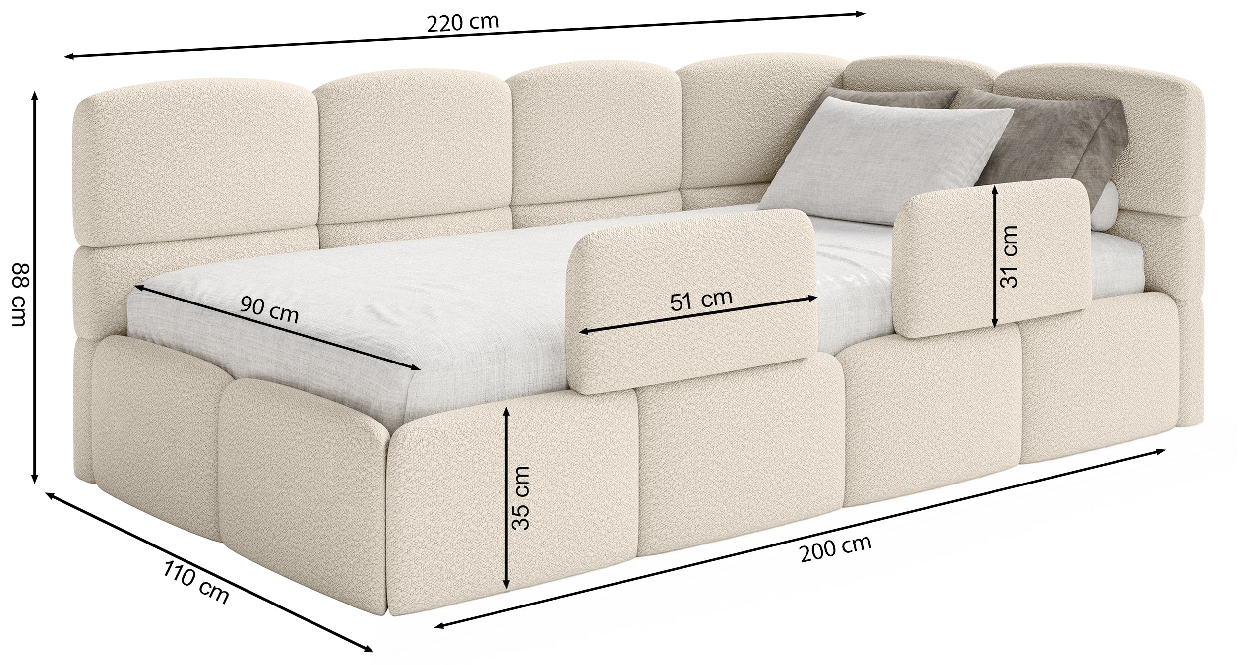 Łóżko młodzieżowe 90x200 cm Cloudy prawostronne z pojemnikiem i barierkami błękitne welur hydrofobowy łatwoczyszczący