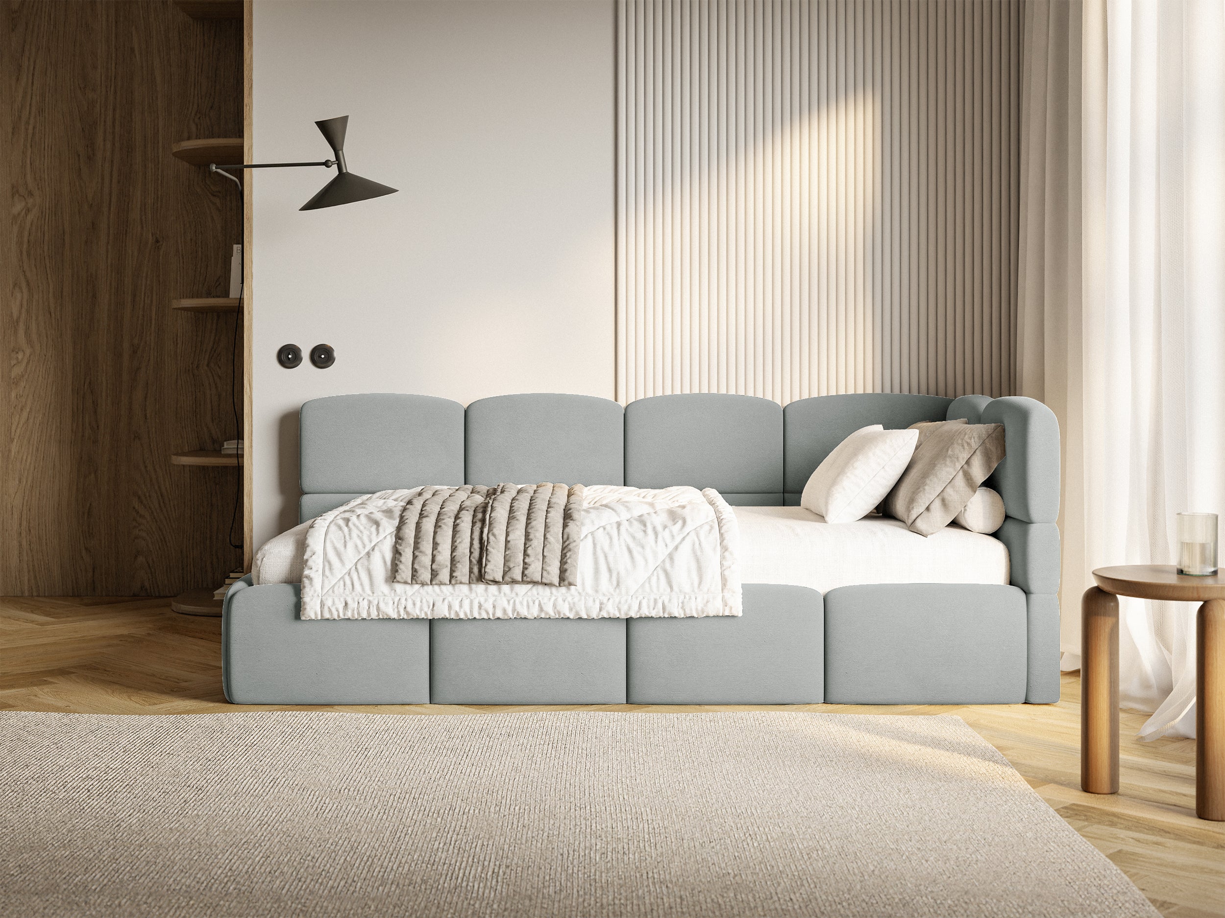 Łóżko młodzieżowe 90x200 cm Cloudy prawostronne z pojemnikiem i barierkami szare welur hydrofobowy łatwoczyszczący