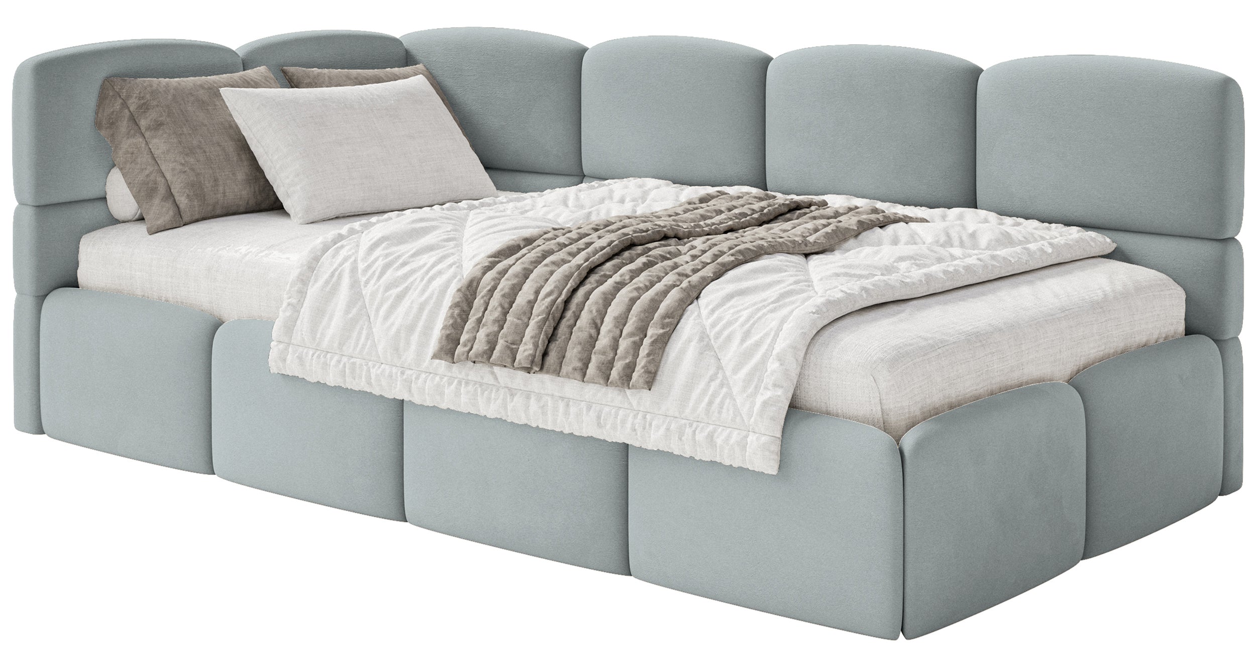 Łóżko młodzieżowe 90x200 cm Cloudy lewostronne z pojemnikiem i barierkami szare welur hydrofobowy łatwoczyszczący