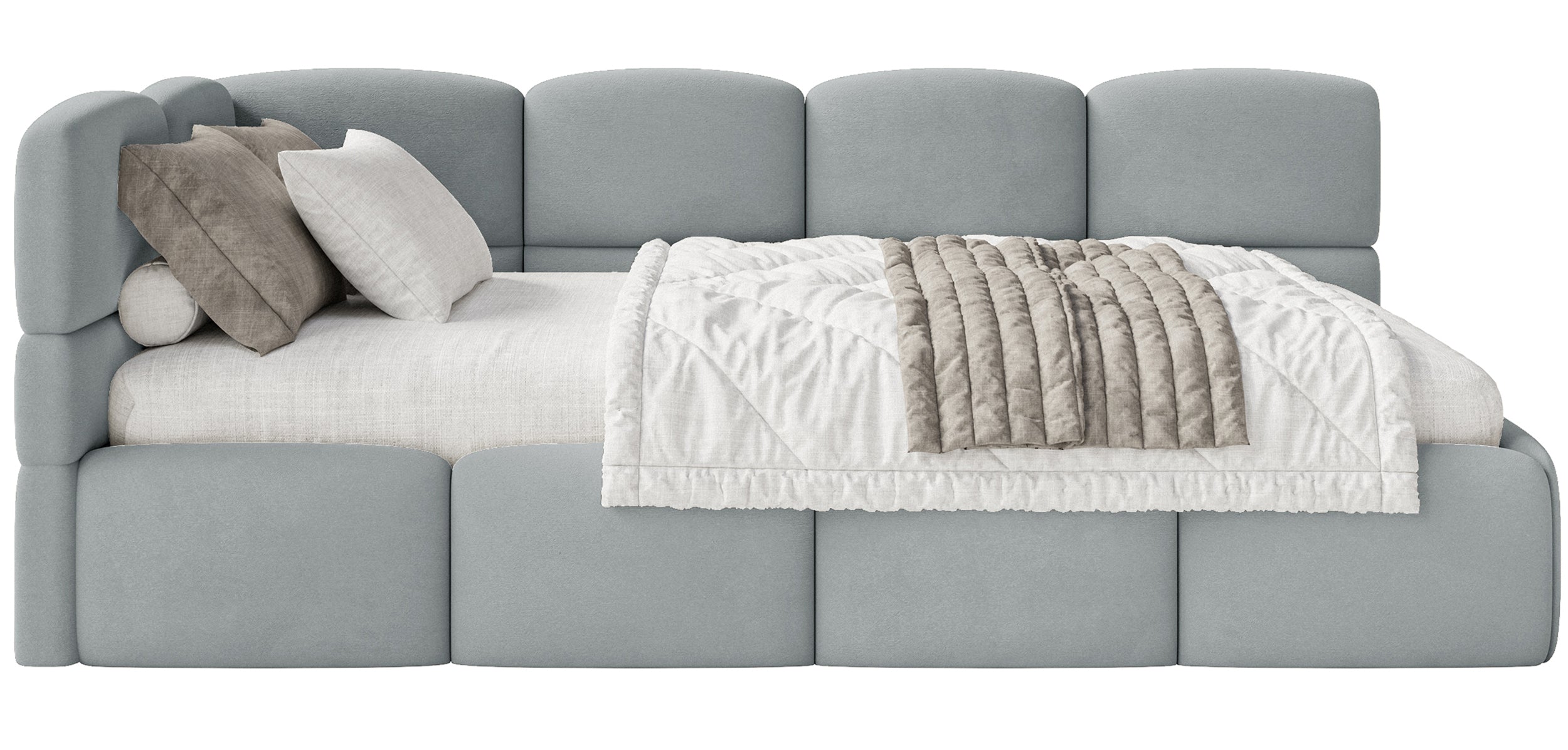 Łóżko młodzieżowe 90x200 cm Cloudy lewostronne z pojemnikiem i barierkami szare welur hydrofobowy łatwoczyszczący