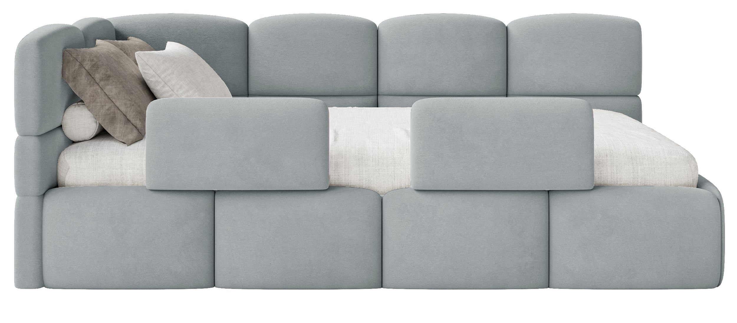 Łóżko młodzieżowe 90x200 cm Cloudy lewostronne z pojemnikiem i barierkami szare welur hydrofobowy łatwoczyszczący