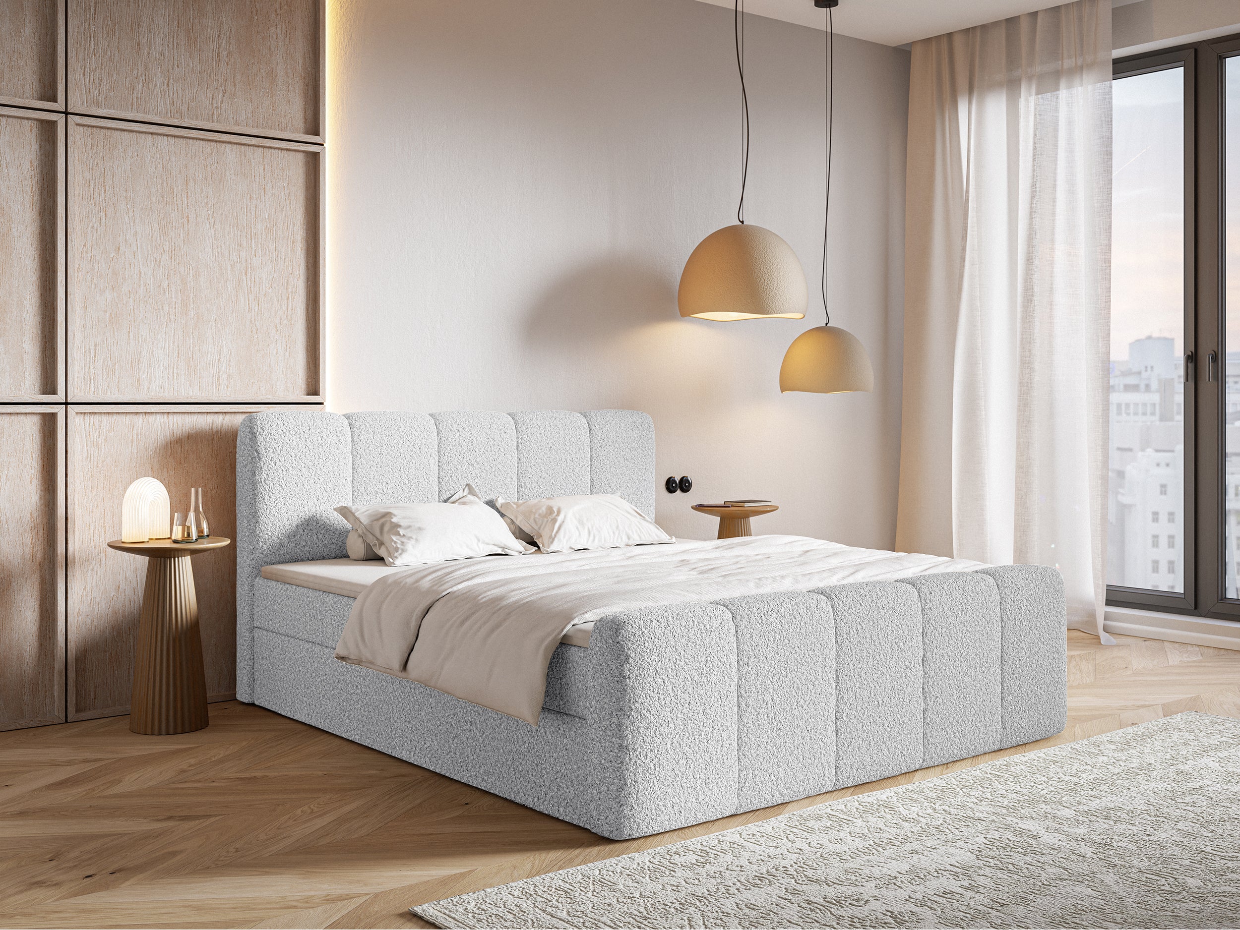 Łóżko kontynentalne 180x200 cm Cloudy II z pojemnikami i topperem jasnoszare boucle