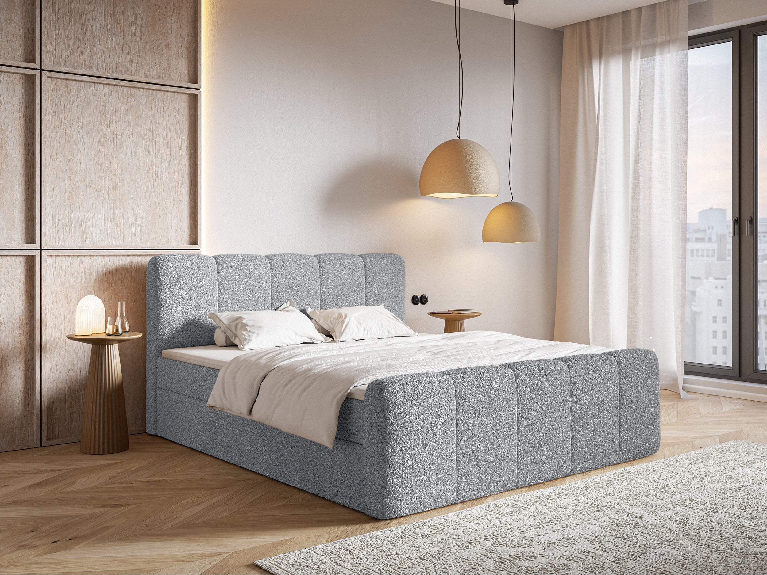 Łóżko kontynentalne 200x200 cm Cloudy II z pojemnikami i topperem szare boucle