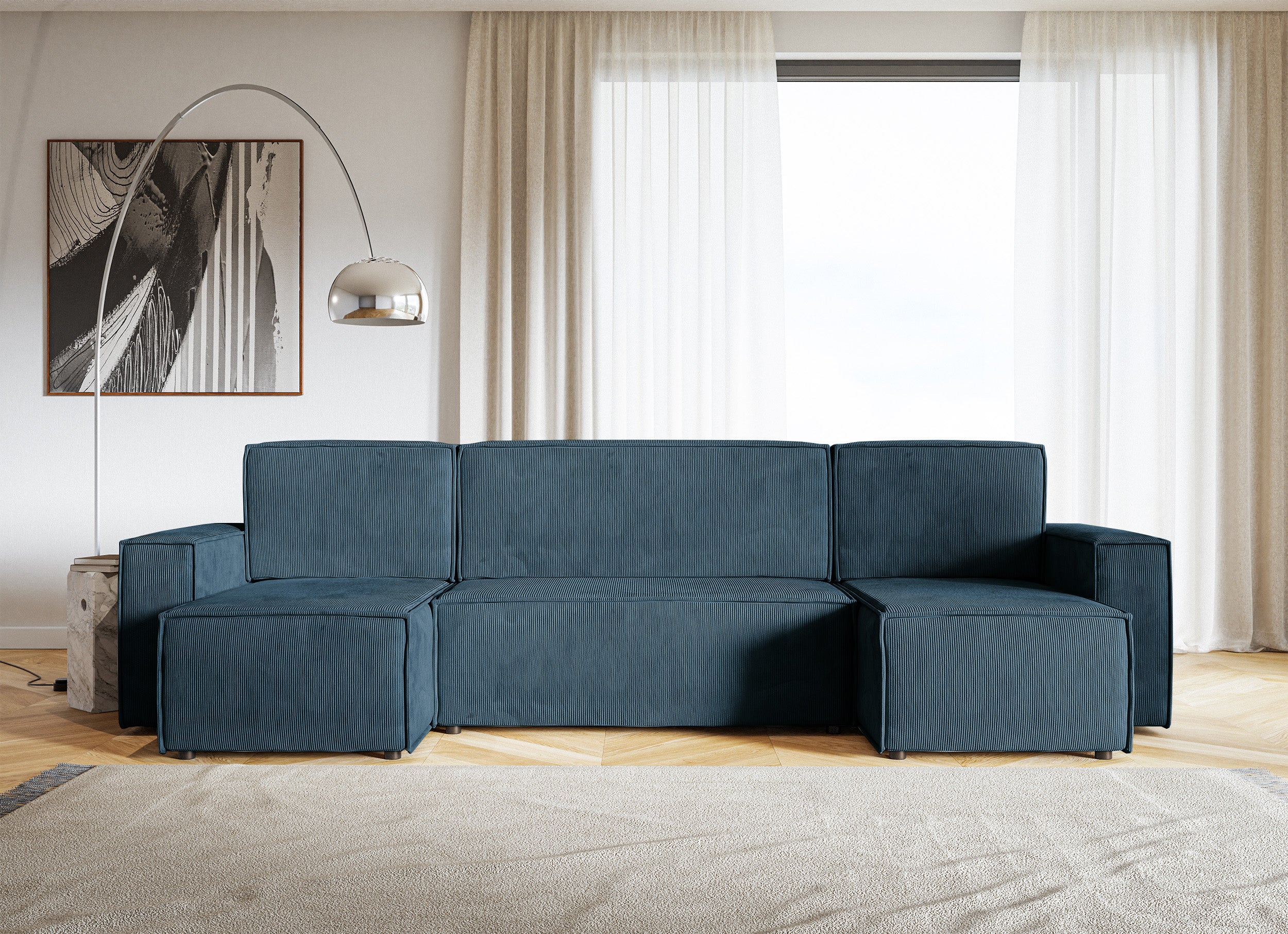 Narożnik z funkcją spania Copertino U-kształtny z pojemnikiem uniwersalny granatowy sztruks