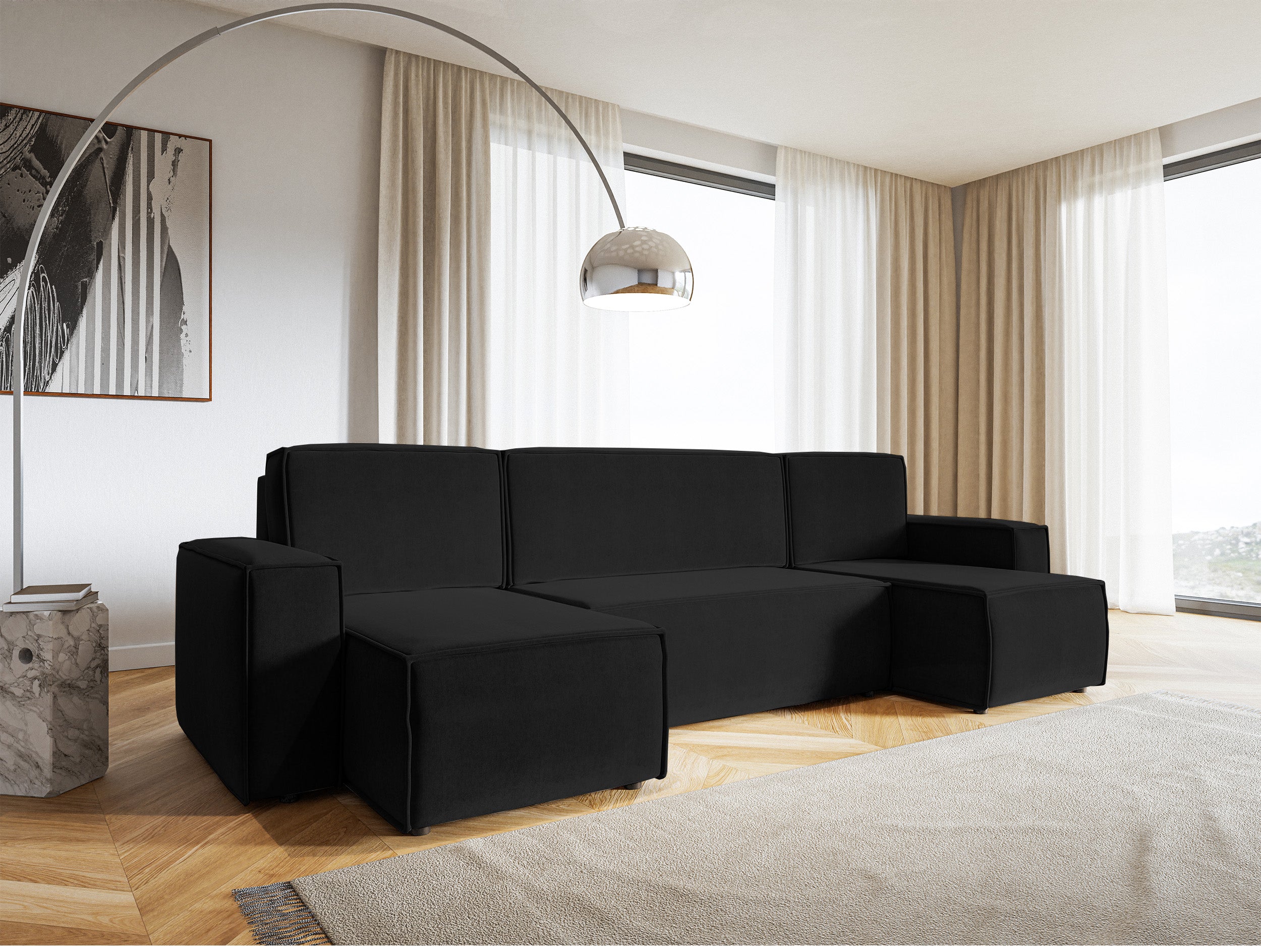 Narożnik z funkcją spania Copertino U-kształtny z pojemnikiem uniwersalny czarny welur hydrofobowy