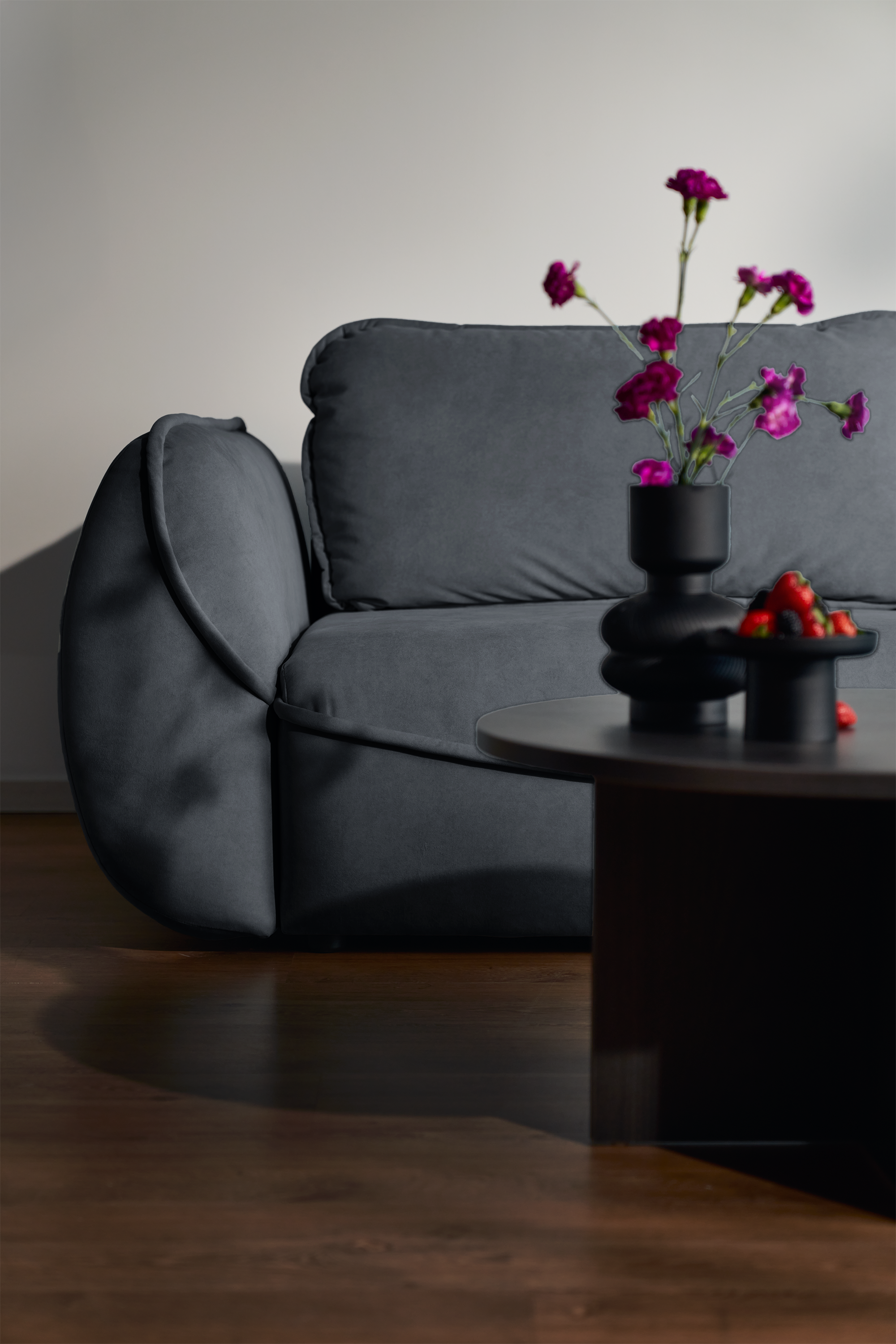 Kanapa rozkładana trzyosobowa Cutie z pojemnikiem grafitowa welur łatwoczyszczący