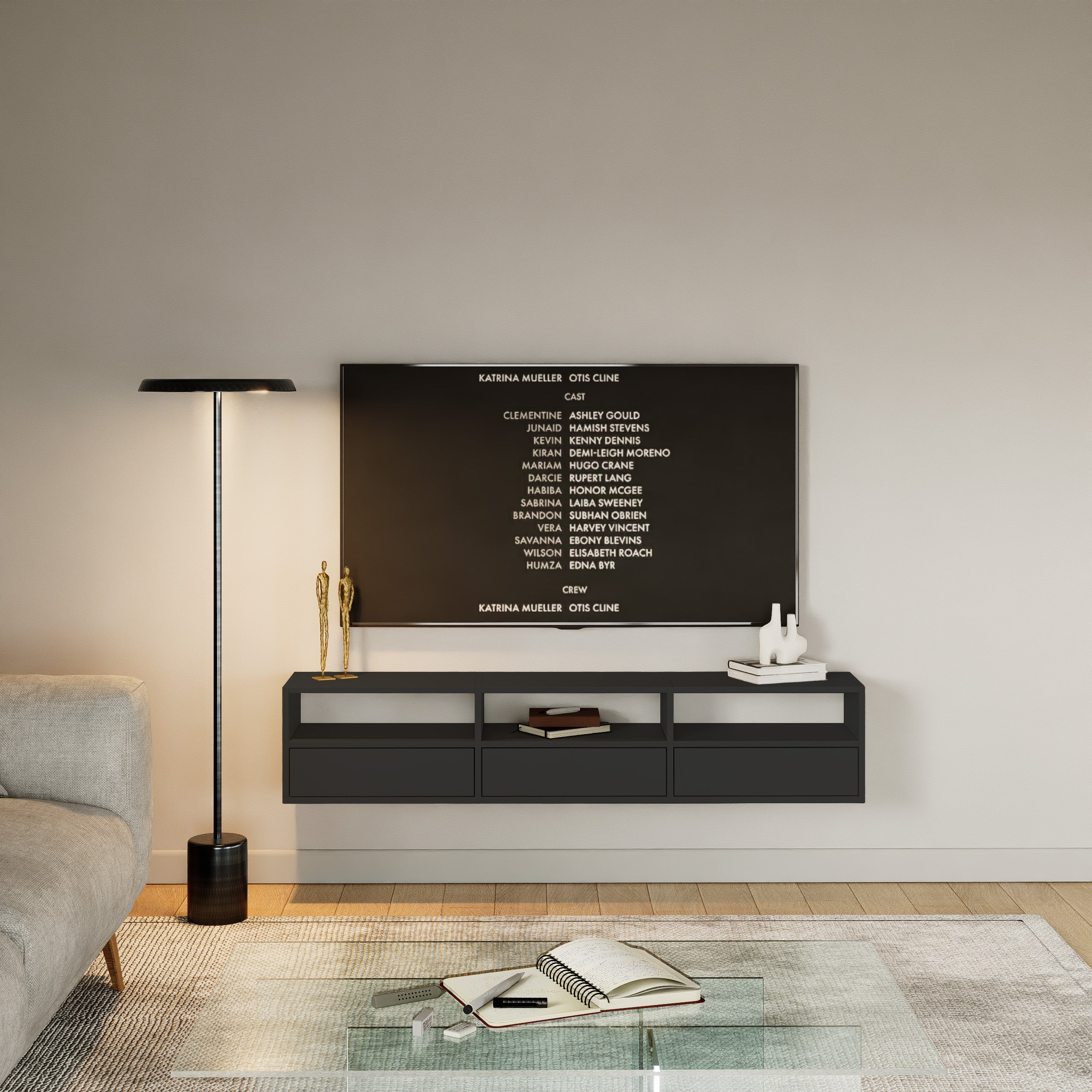 Szafka RTV Framme wisząca z trzema klapami i wnękami 150 cm czarna