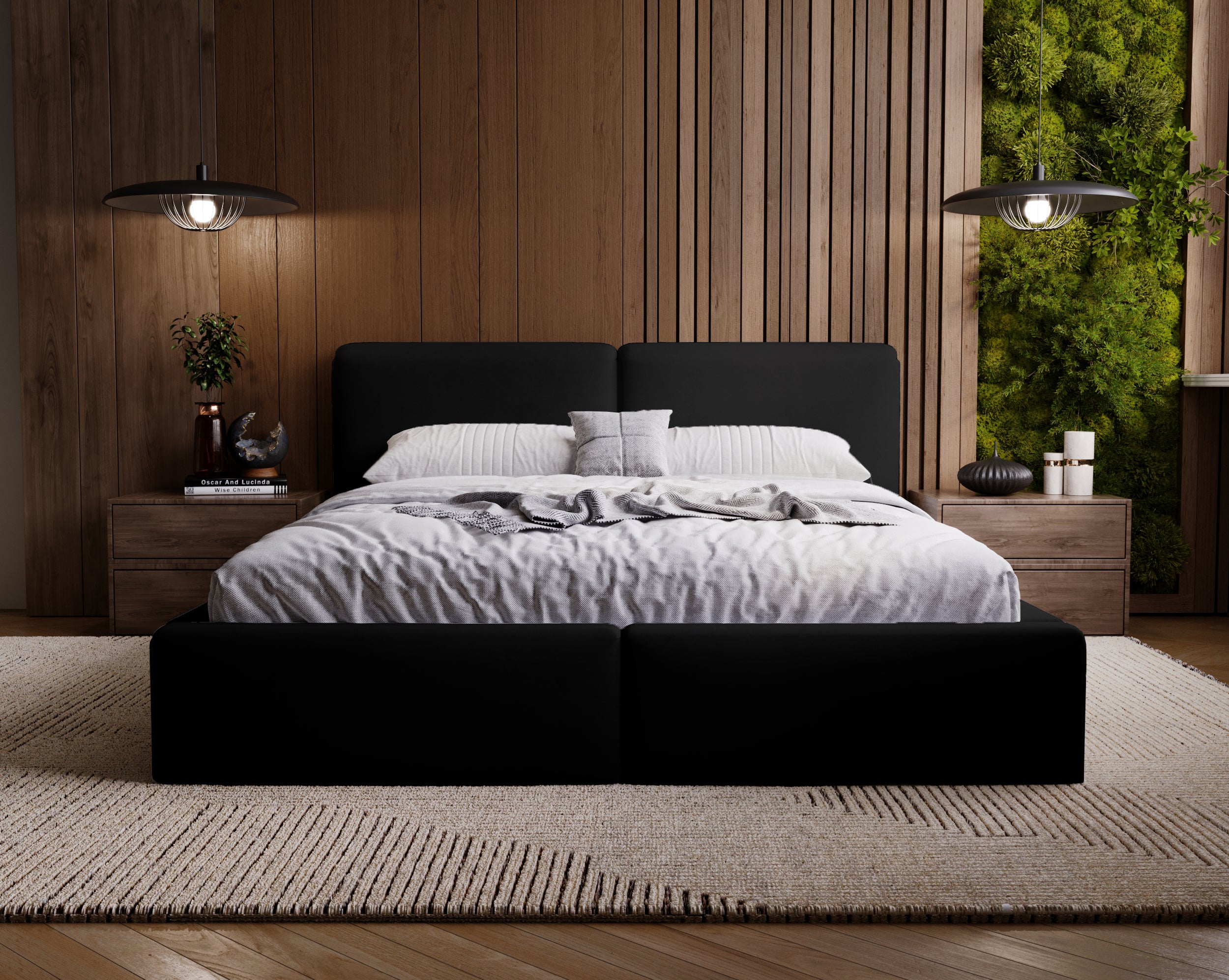 Łóżko tapicerowane 140x200 cm Papillo z pojemnikiem stelaż metalowy czarne welur