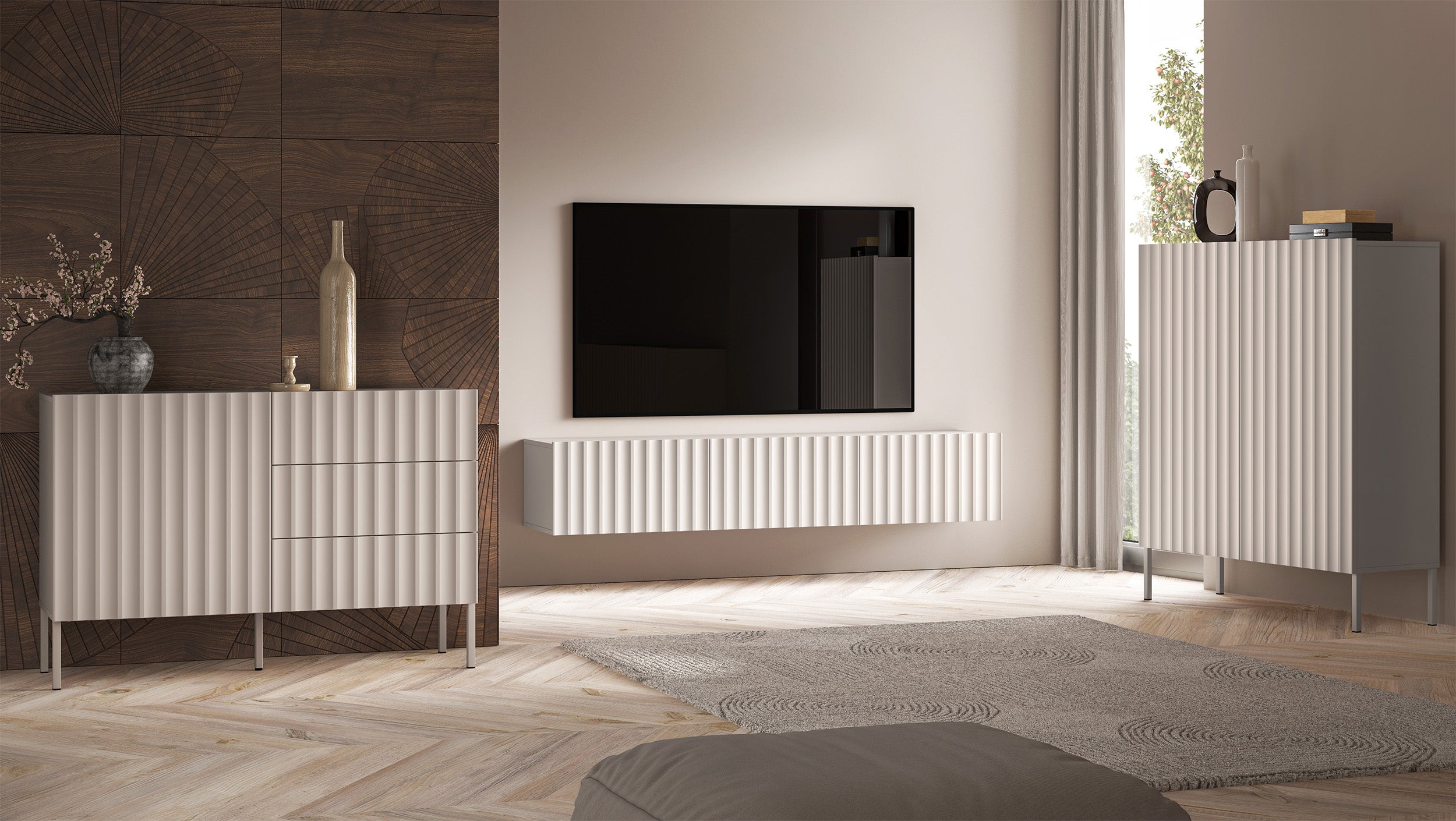 Szafka RTV Derriva wisząca z ryflowanymi frontami 170 cm kaszmir