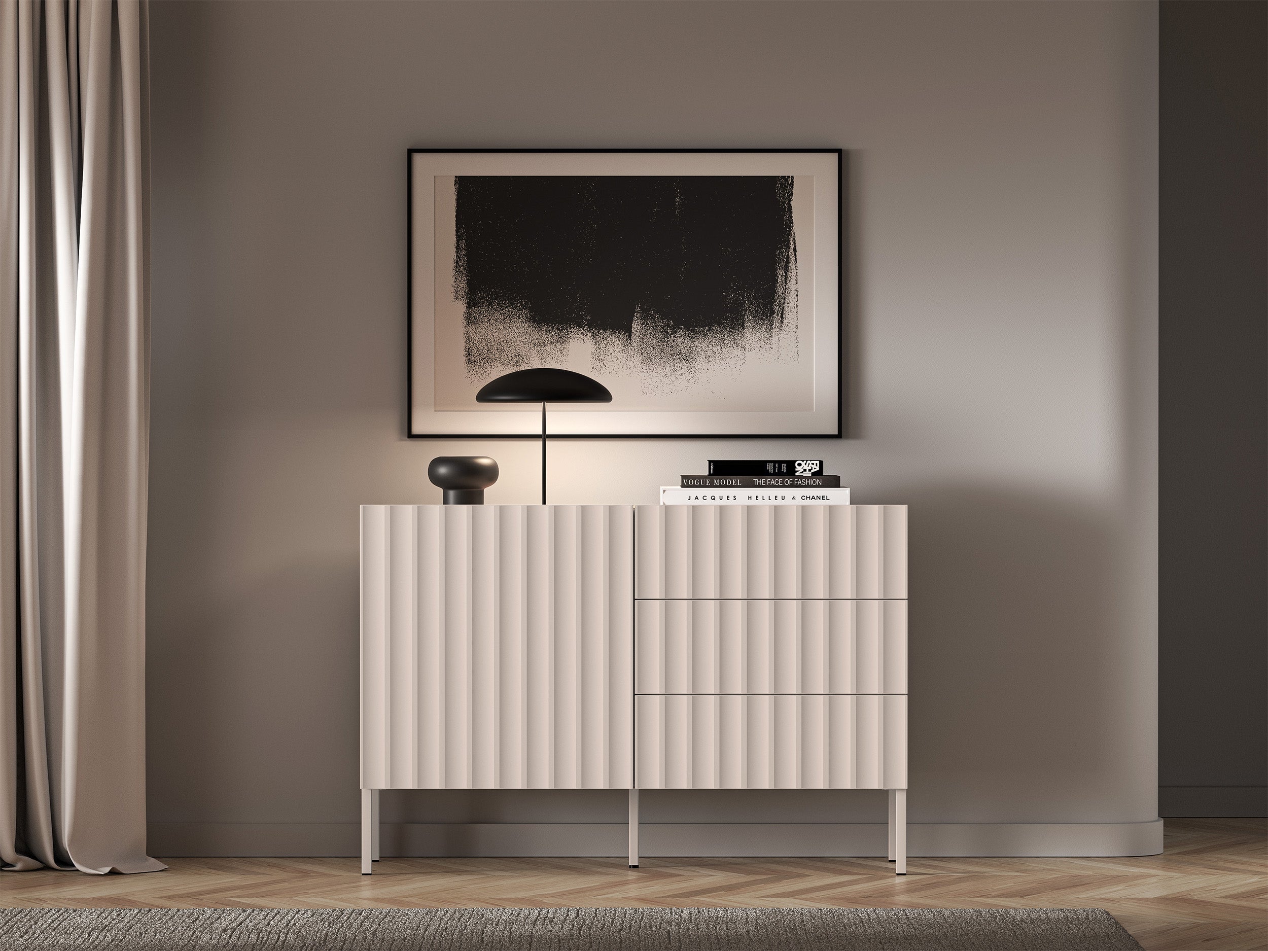 Komoda Derriva z szufladami i ryflowanymi frontami 113 cm kaszmir