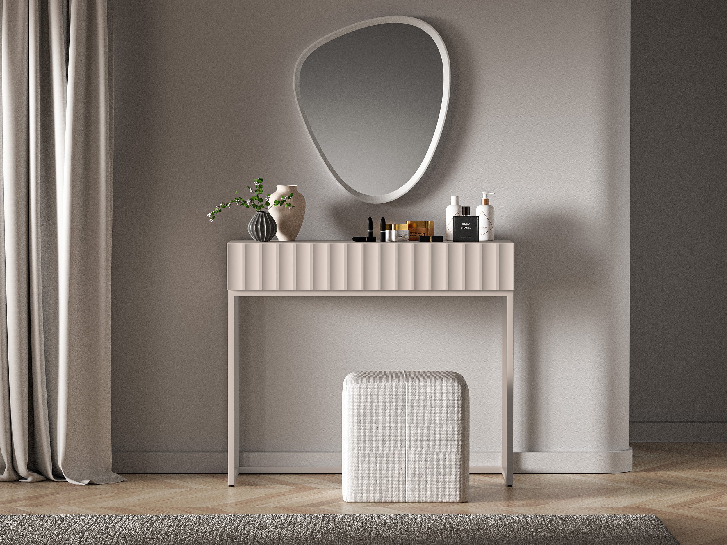 Toaletka Derriva z szufladą i ryflowanymi frontami 91 cm kaszmir