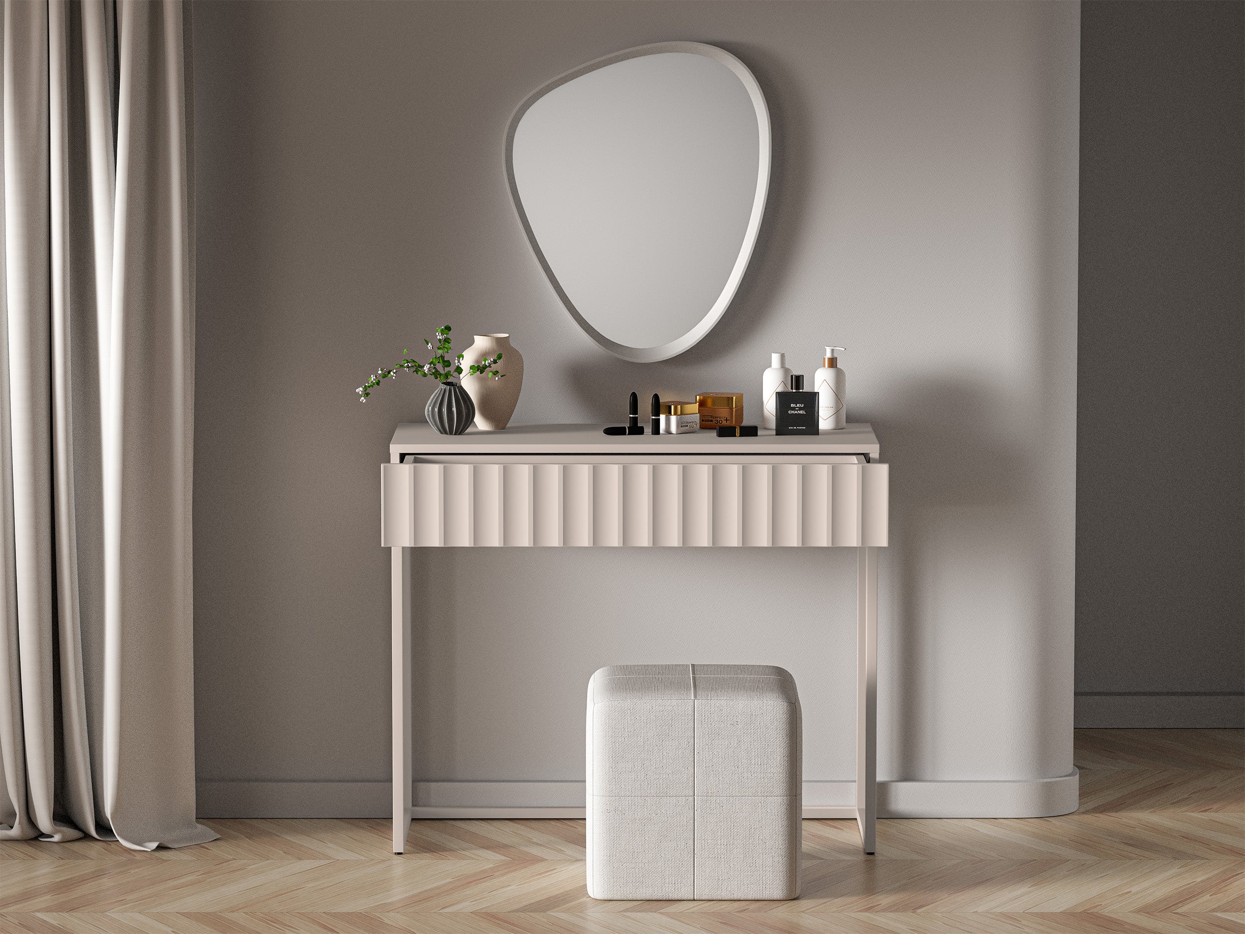 Toaletka Derriva z szufladą i ryflowanymi frontami 91 cm kaszmir