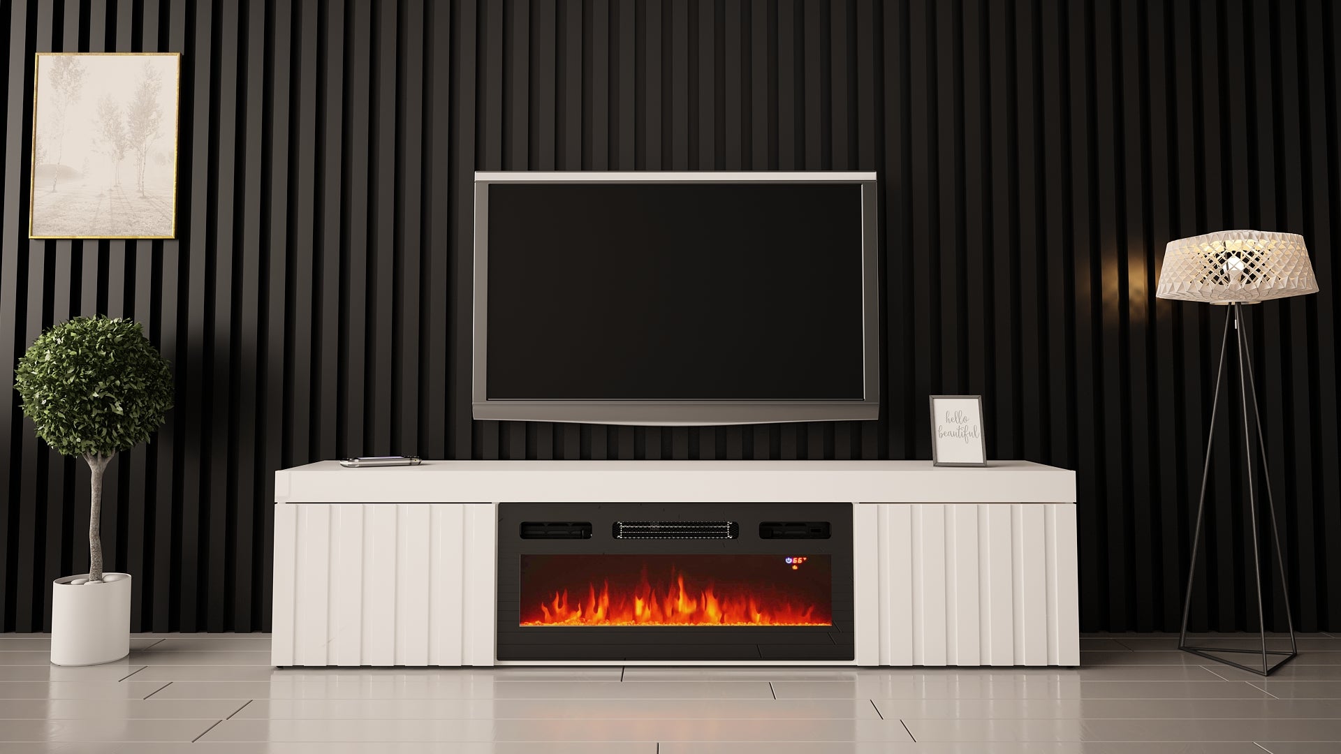 Szafka RTV Kalva 180 cm z kominkiem elektrycznym biały połysk lamele
