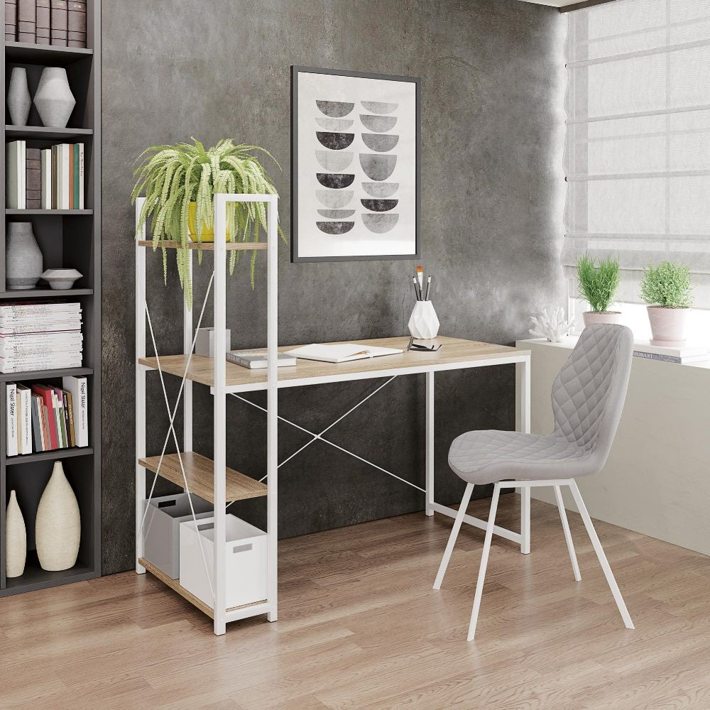 Biurko Lomise 120x64 cm z regałem dąb sonoma - biały