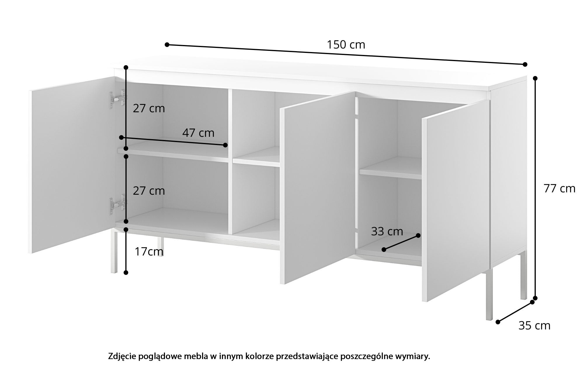 Komoda trzydrzwiowa Bemmi 150 cm czarna ze złotymi nogami