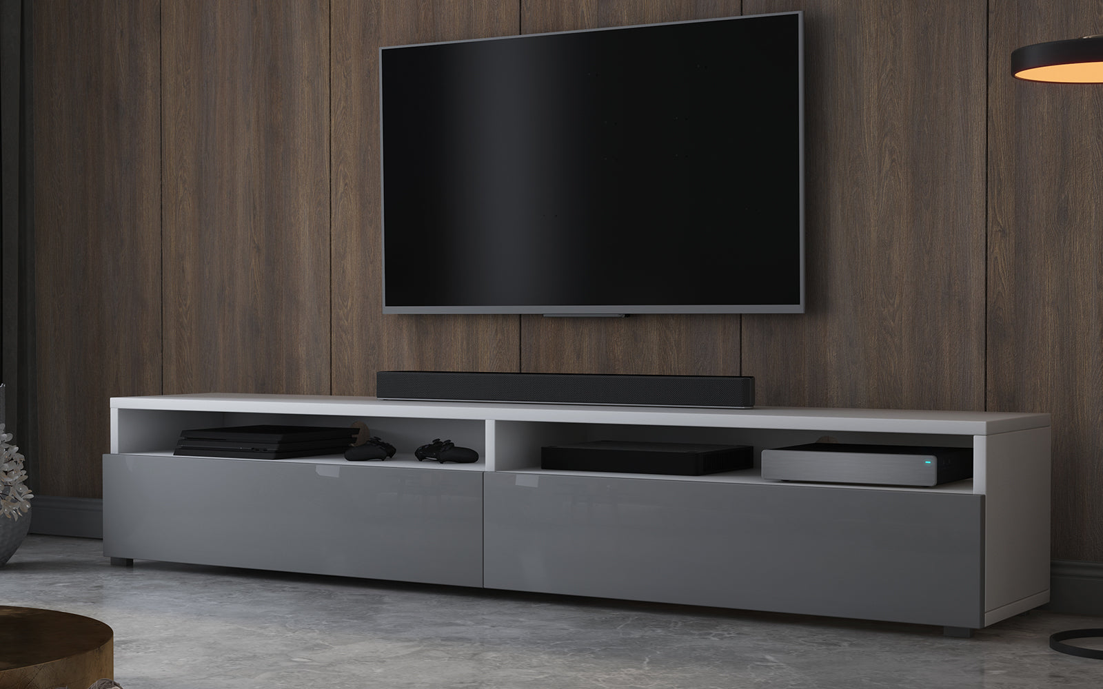 Szafka RTV Rednaw 180 cm Biały mat / Szary połysk