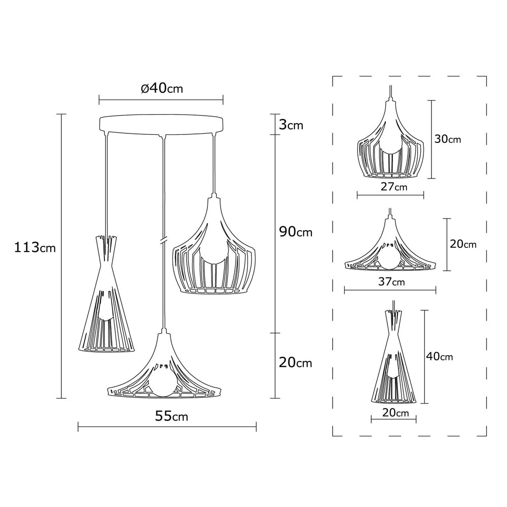 Lampa wisząca Tojil x3 na okrągłej podsufitce asymetryczna miedziana