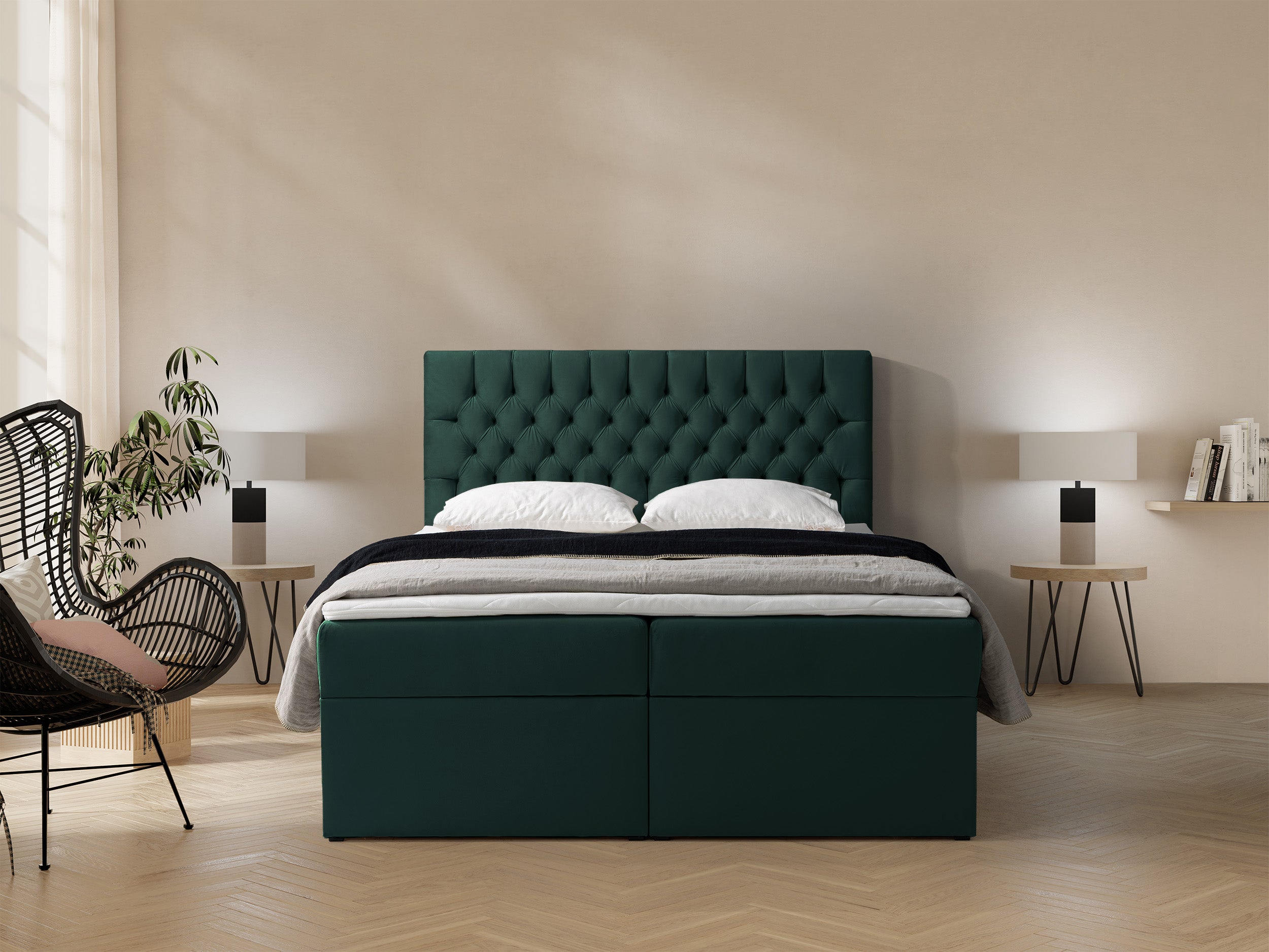 Łóżko kontynentalne 180x200 cm Daissy z pojemnikami i topperem butelkowa zieleń welur