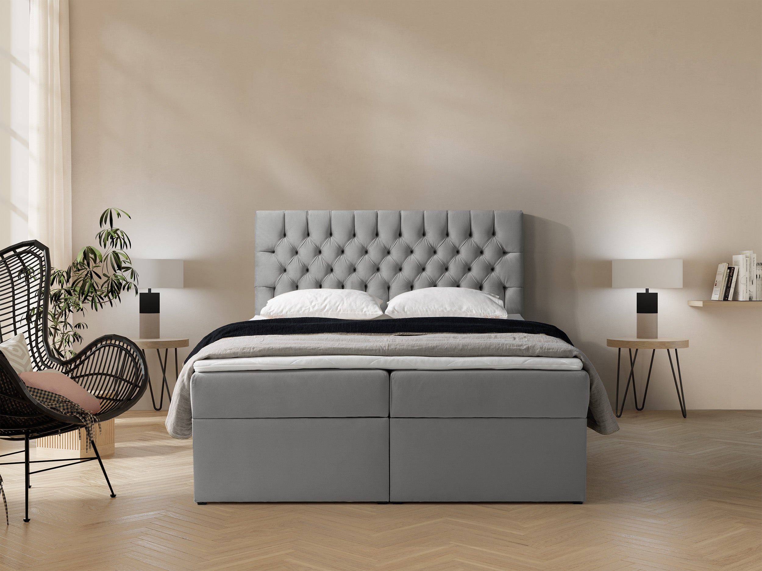 Łóżko kontynentalne 160x200 cm Daissy z pojemnikami i topperem szare welur